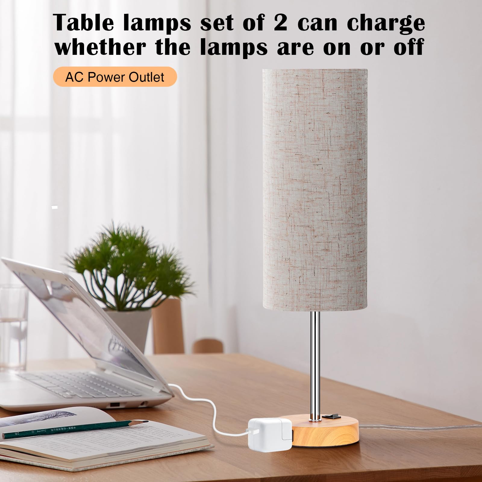 ZJOJO Table Lamp 2 Pack, 18in Dimmable with Rocker Switch, Flaxen Fabric Shade, Woodgrain Base, Model RD-PTL6W-036