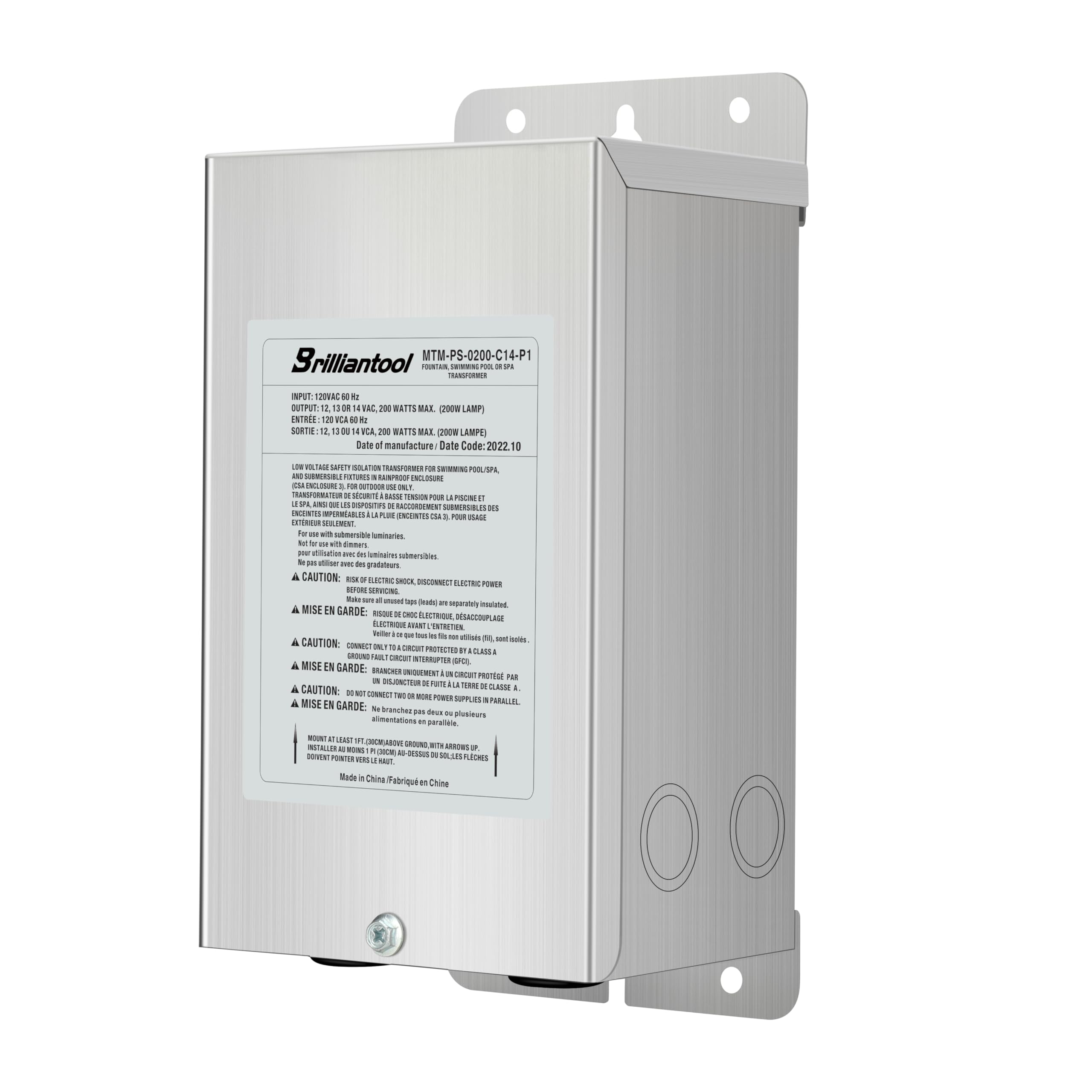 BRILLIANTOOL 200W Stainless Steel Casing Pool Light Transformer, Convert 120VAC to 12V/13V/14V AC Multi-tap, Weatherproof Transf