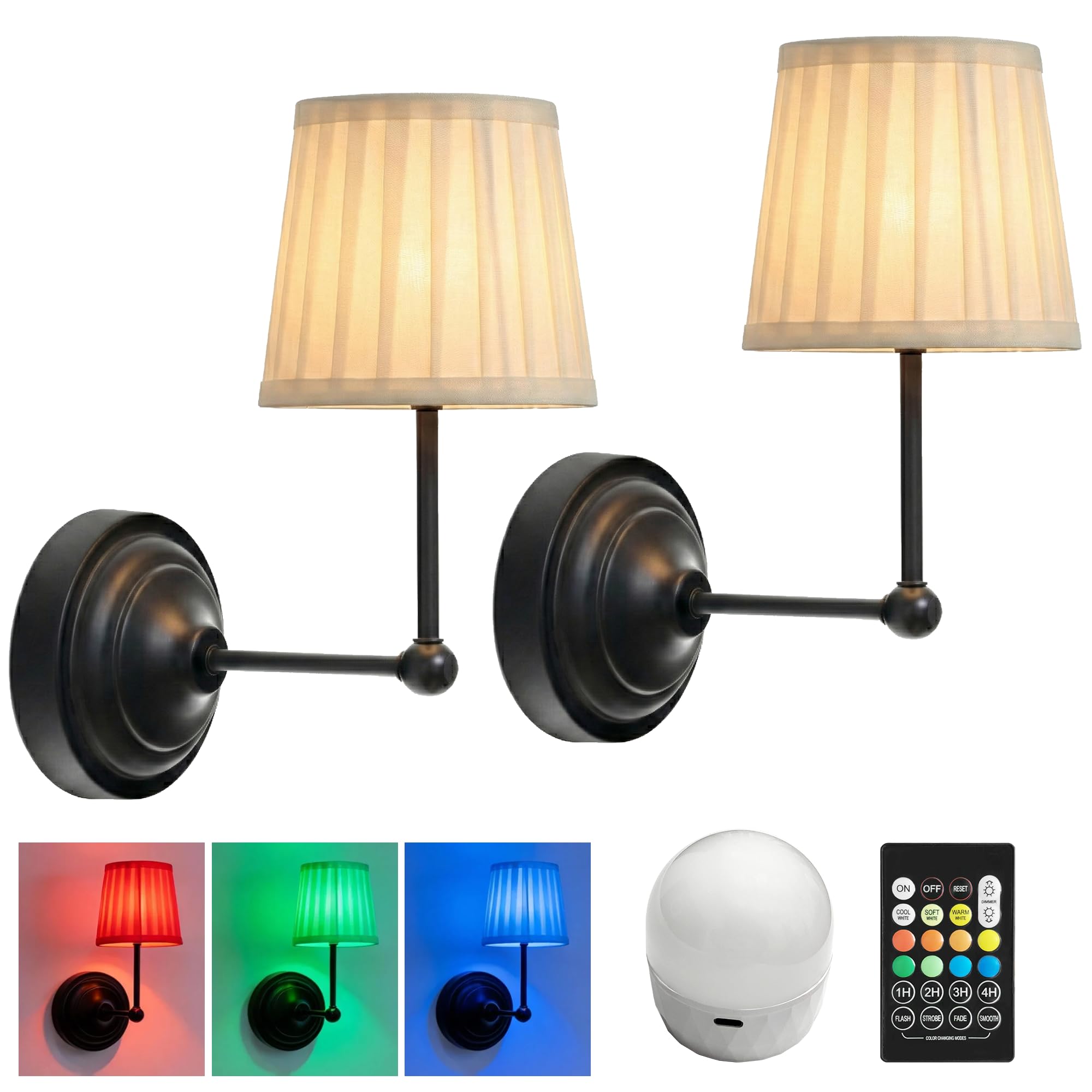 Battery Operated Wall Sconces Set of 2, Black Rechargeable Wall Lights with 10000mAh RGB Dimmable Magnetic Bulbs and Remote,16 C
