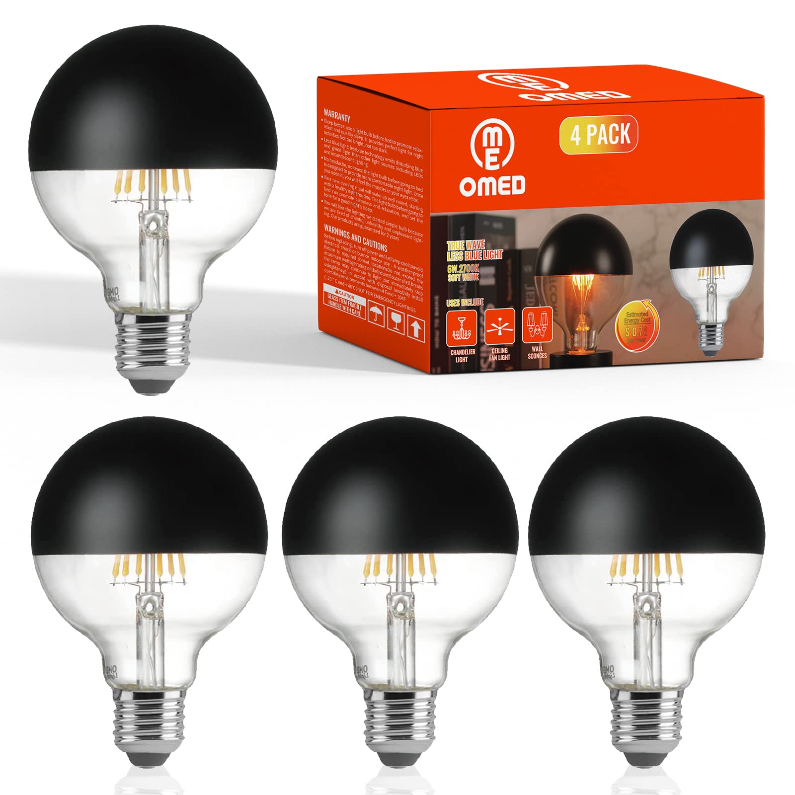 Omed Globe Light Bulbs, 4 Pcs Half Black E26 Dimmable G25/G80 Led Light Bulb 60 Watt Equivalent, 2700K Soft White Light Bulbs Fo