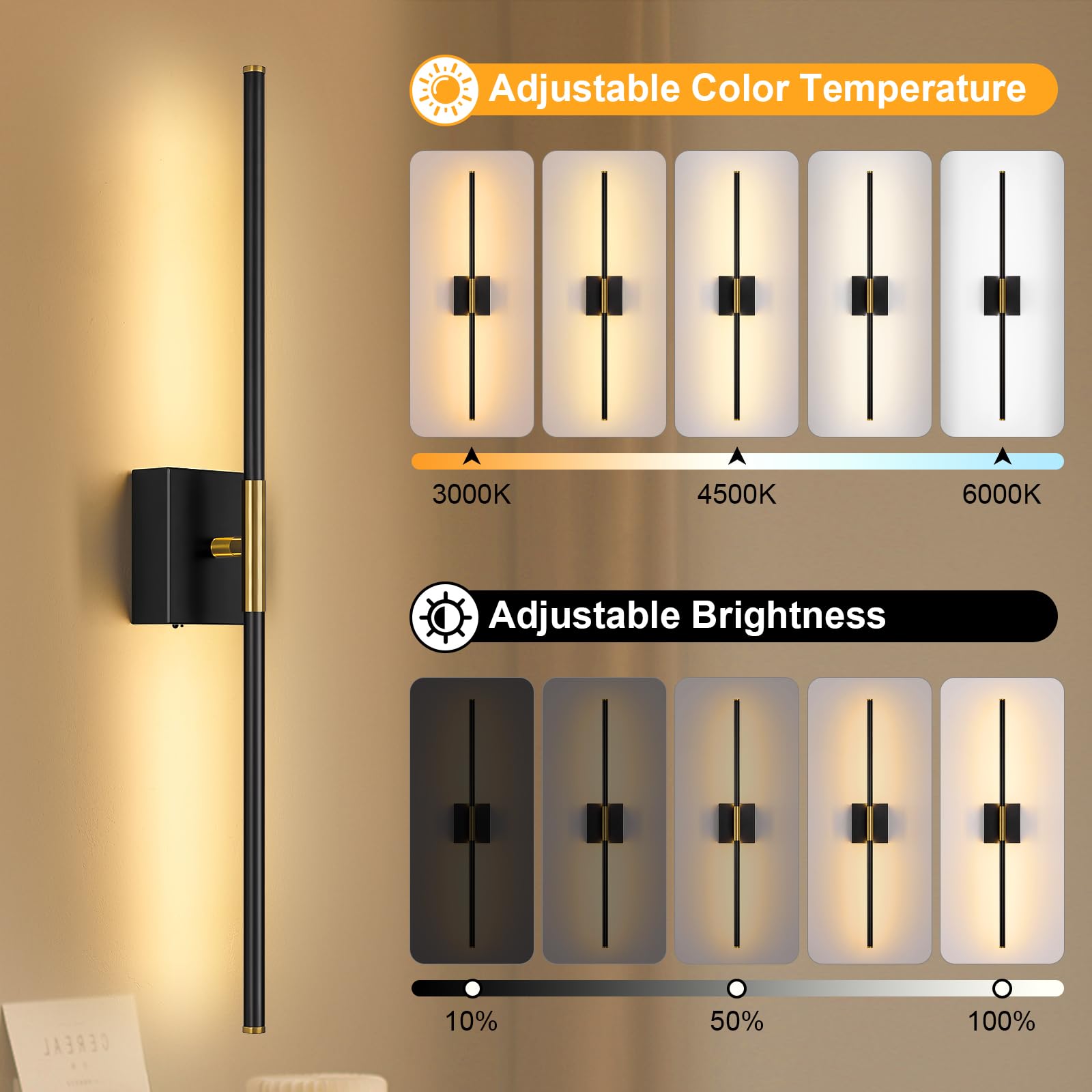 JZEKVN Wall Sconces Set of Two, Dimmable 29.1in Black Gold, Battery Operated, 350° Rotation, LED Wireless Rechargeable, Model 202411