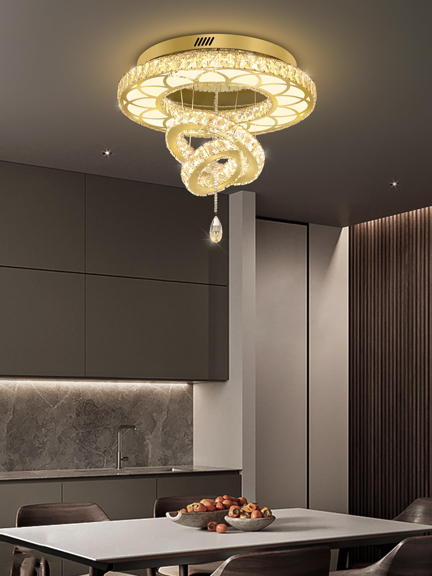 Flashing God Dia 24'' Crystal Chandelier Modern Ceiling Light Fixture Lamp Raindrop Flush Mount Round Chandelier for Dining Room