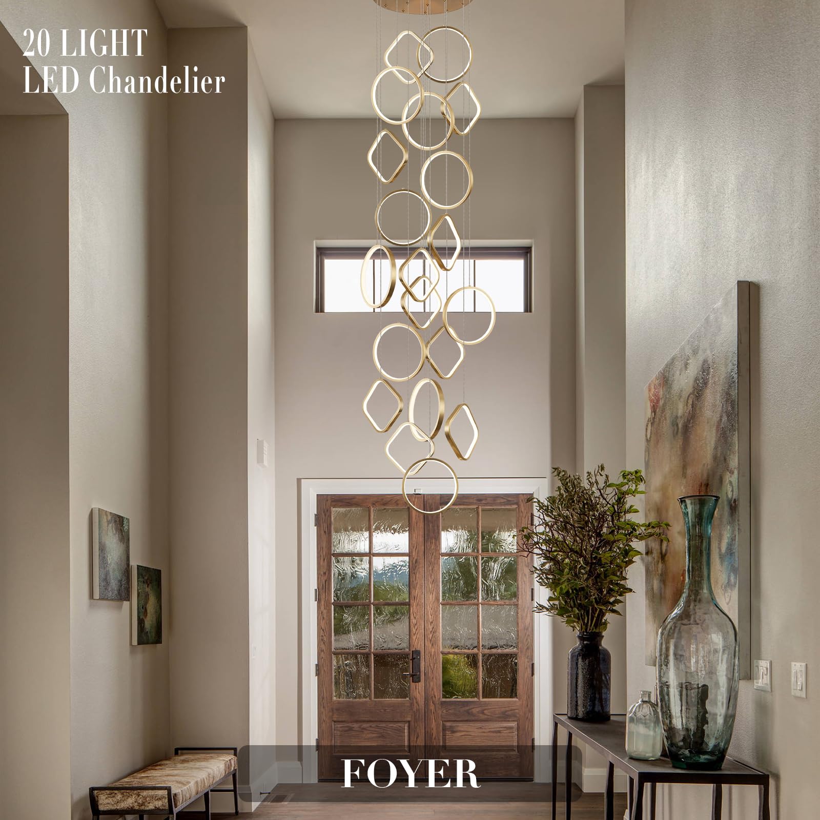 AIRYPHANT Modern LED Chandelier 20-Light Dimmable Gold 3000-6500K Remote Control P2001-20GDC1 for High Ceiling Living Room Entryway