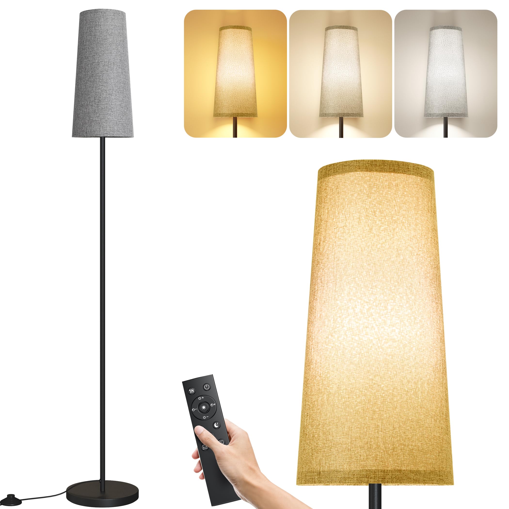 SUNMORY Floor Lamp with Remote Control, Dimmable Iron Standing Lamp, Gray Lampshade, Suitable for Modern/Boho/Farmhouse Decor