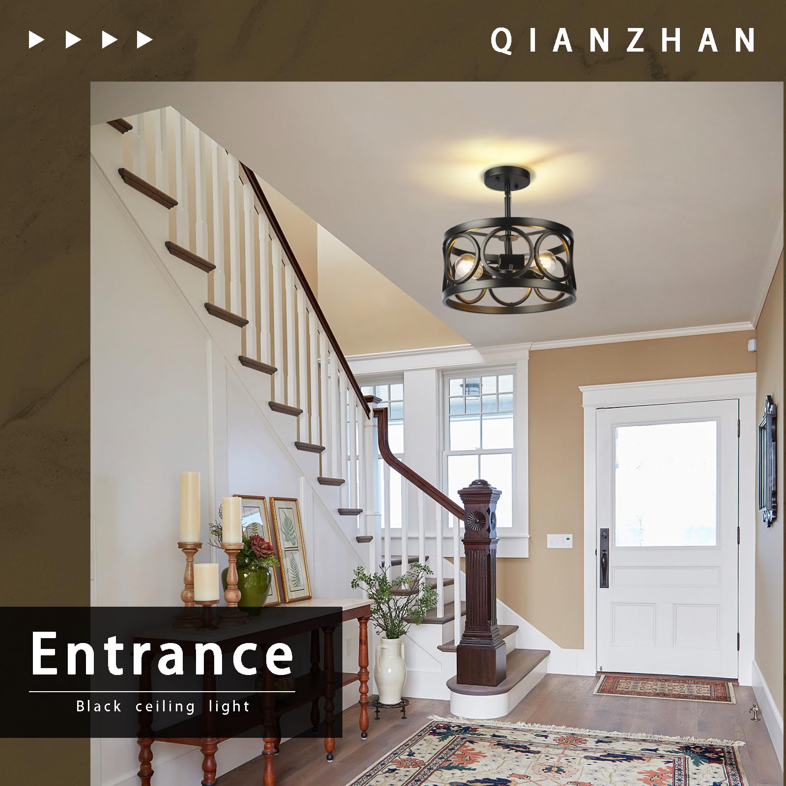 Qianzhan Farmhouse Semi Flush Mount Ceiling Light,3-Light Industry Black Sloped Ceiling Light Fixtures D13 Inches Drum Metal Lig