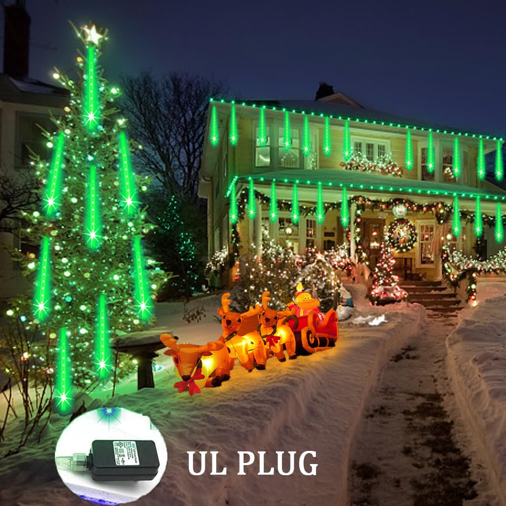 Weepong Meteor Shower Lights, 8 Tube, 192 LED, Outdoor Christmas Decor, 30CM, Green, Model WEP-FRL-GR