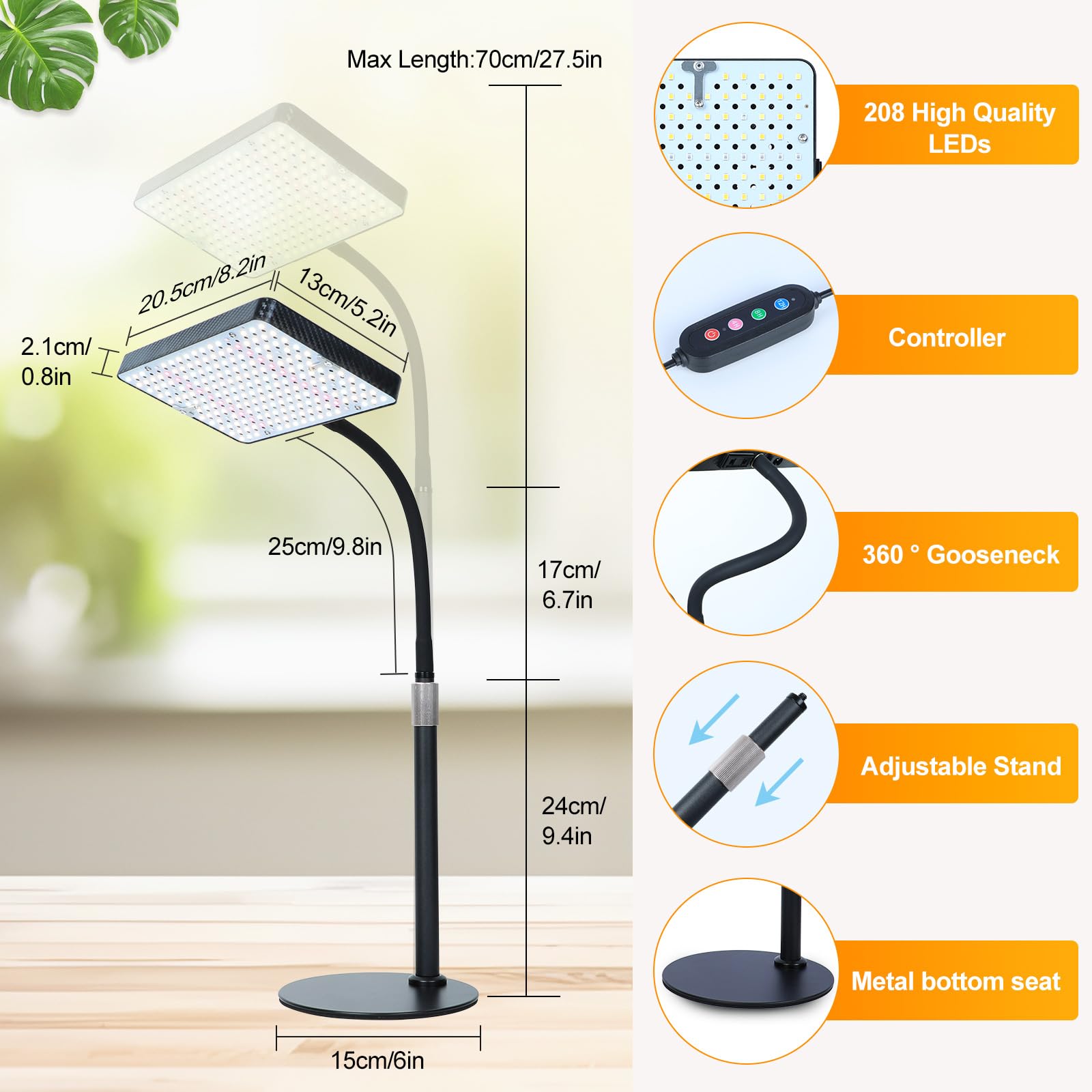 Fecida Grow Lights For Indoor Plants Full Spectrum, Desk Grow Light, 4/8/12 Hr Timer Table Top Houseplants Grow Lamp, 208Pcs Leds, 2000 Lumen, Bright Enough, 16&quot;-24&quot; Height Adjustable