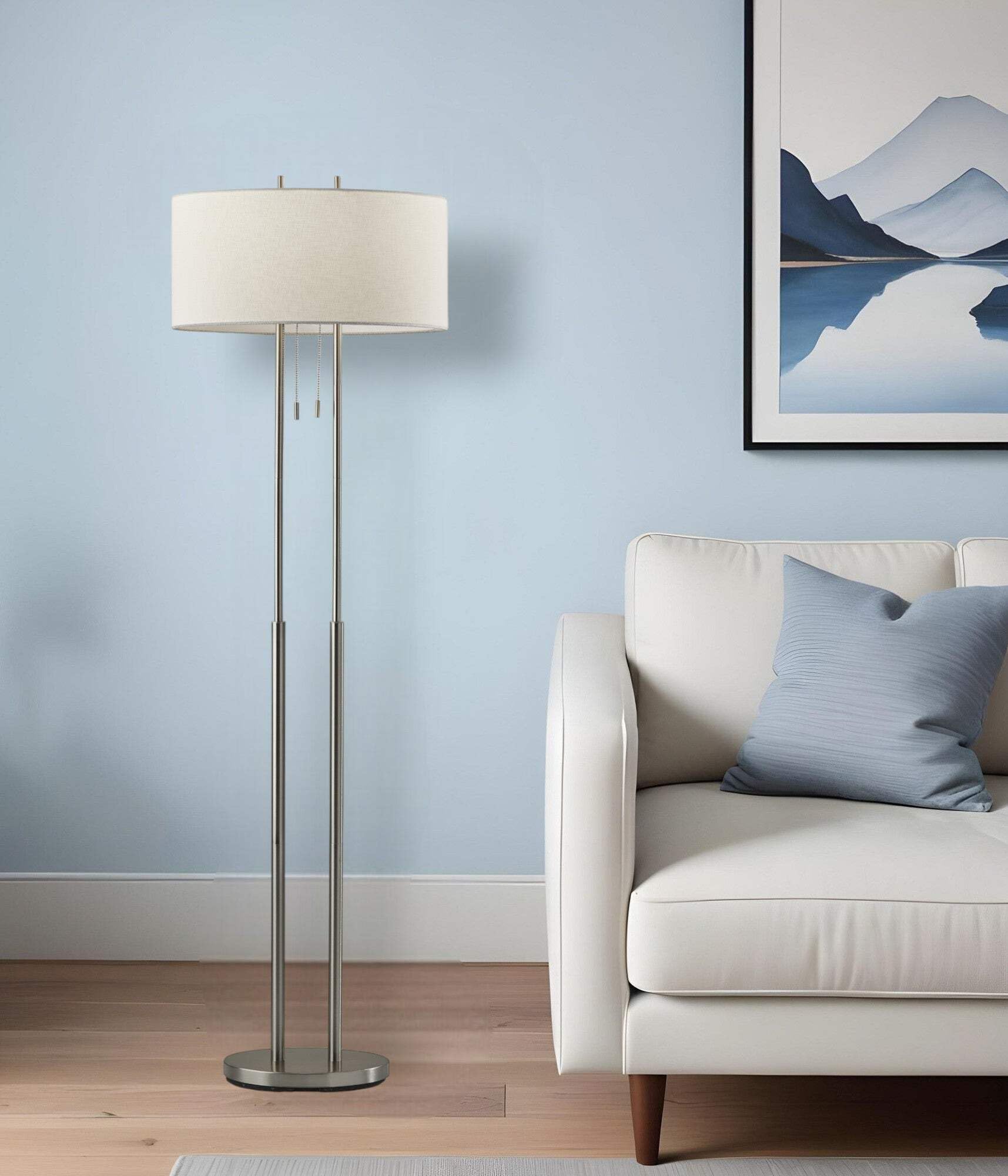 Homeroots Dual Pole Floor Lamp In Brushed Steel Metal