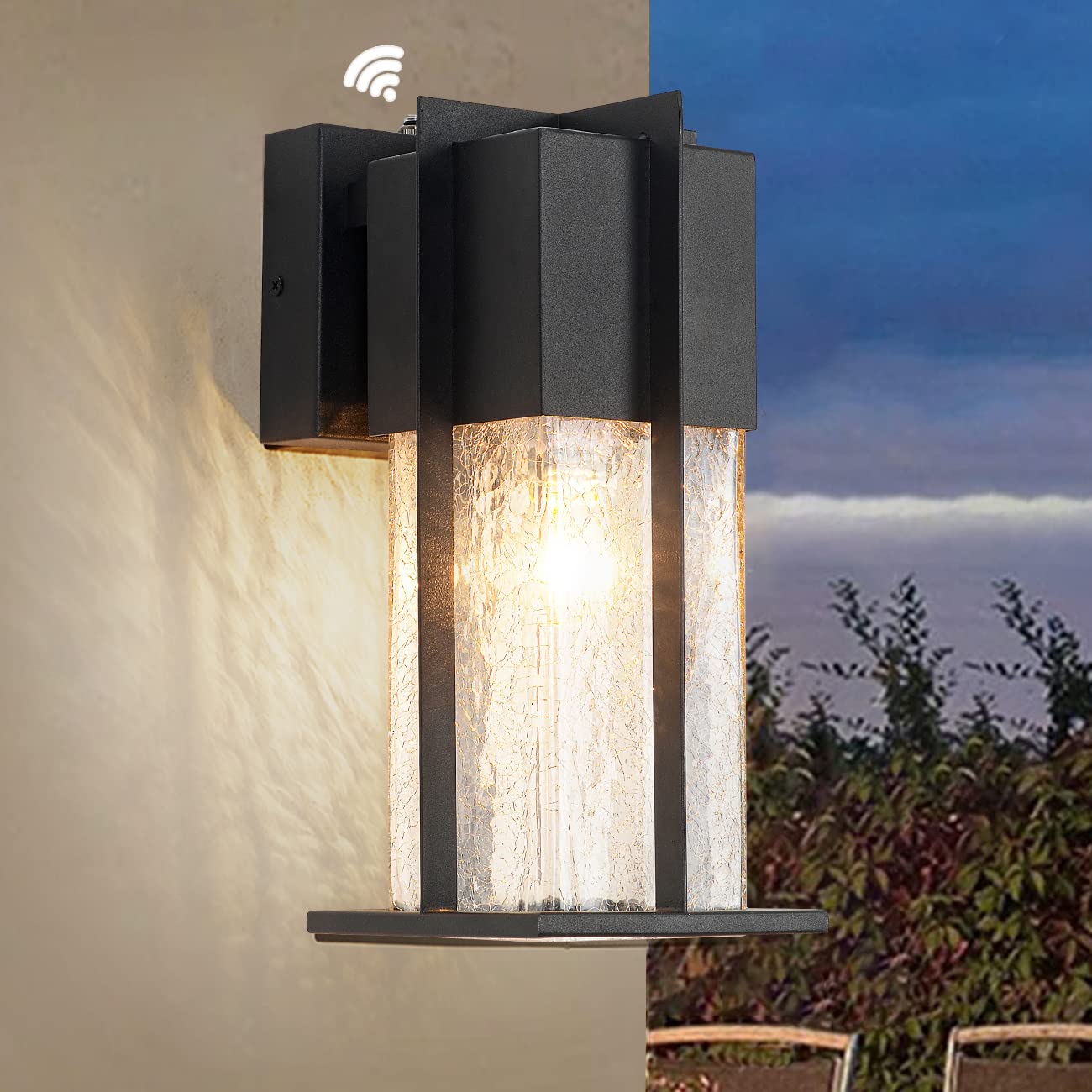 ZEGOLAER Dusk to Dawn Wall Light, Modern Outdoor Wall Lighting with Crackle Glass, Exterior Wall Mount Light Fixture with Sensor