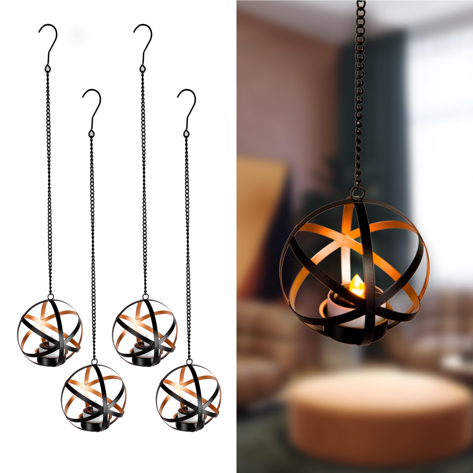 Solar Lanterns Outdoor Waterproof, 4 Pack Hanging Tea Lights with Candle Holder, Small Solar Chandelier for Trees, Patio, Backya