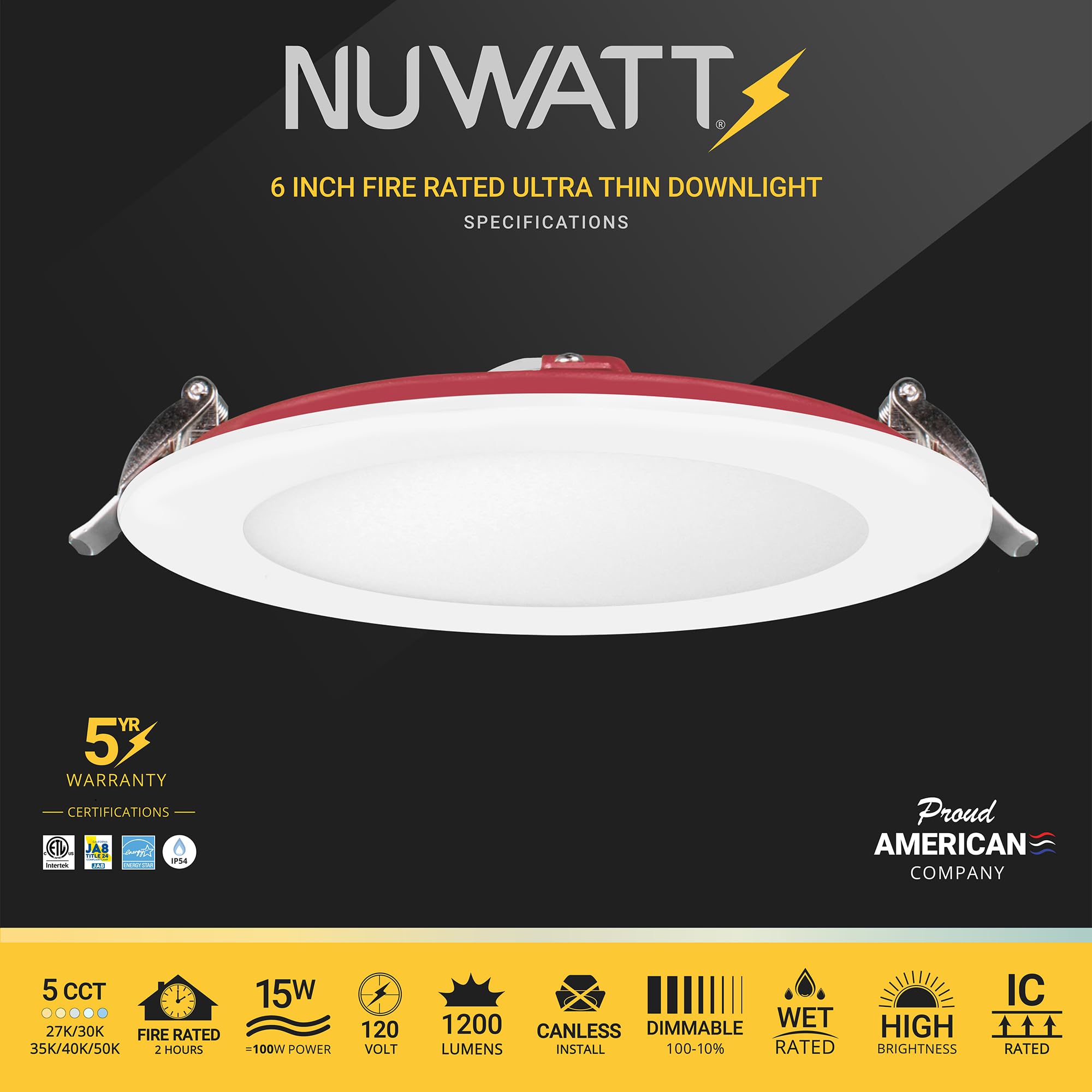 Nuwatt 6 Inch 2 Hour Fire Rated Ultra-Thin Led Recessed Light, Selectable 2700K/3000K/3500K/4000K/5000K, 1200 Lumens, Dimmable,