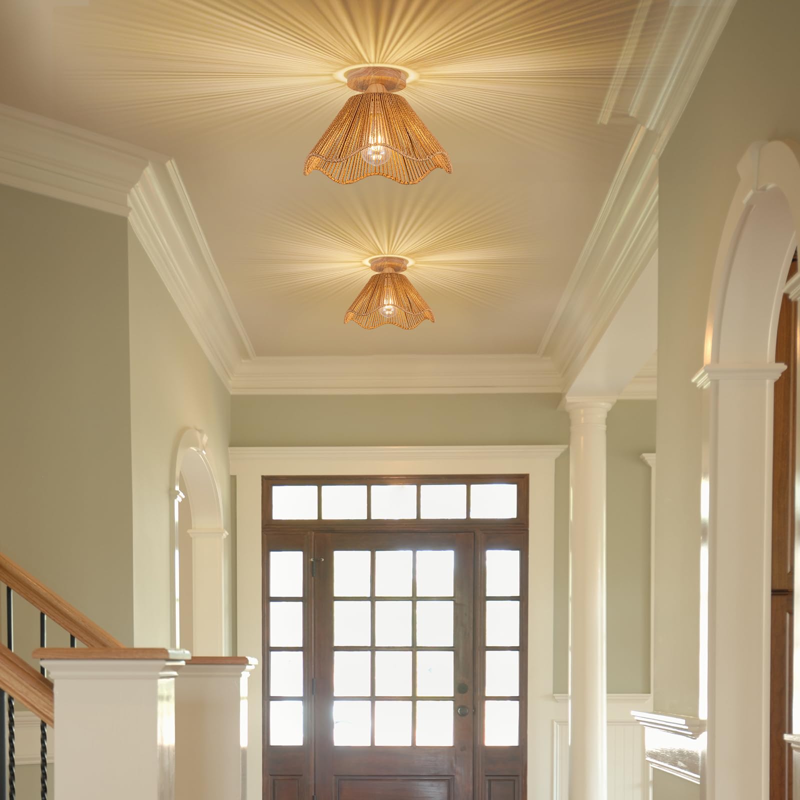 Zswanbei Boho Ceiling Light Fixture, Rattan Mini Chandelier, D32cm, Brown, Model WBRattanXD001