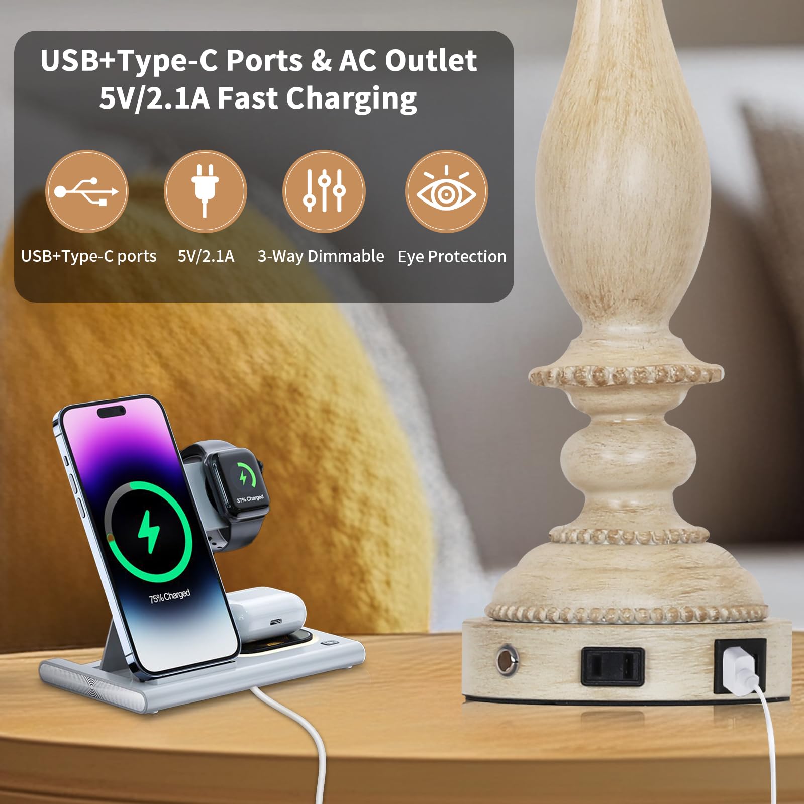 Cinsary 28'' Tall Farmhouse Table Lamps For Living Room Set Of 2,Vintage Rustic Beige Bedside Touch Lamp With Usb C+A Ports & Ac