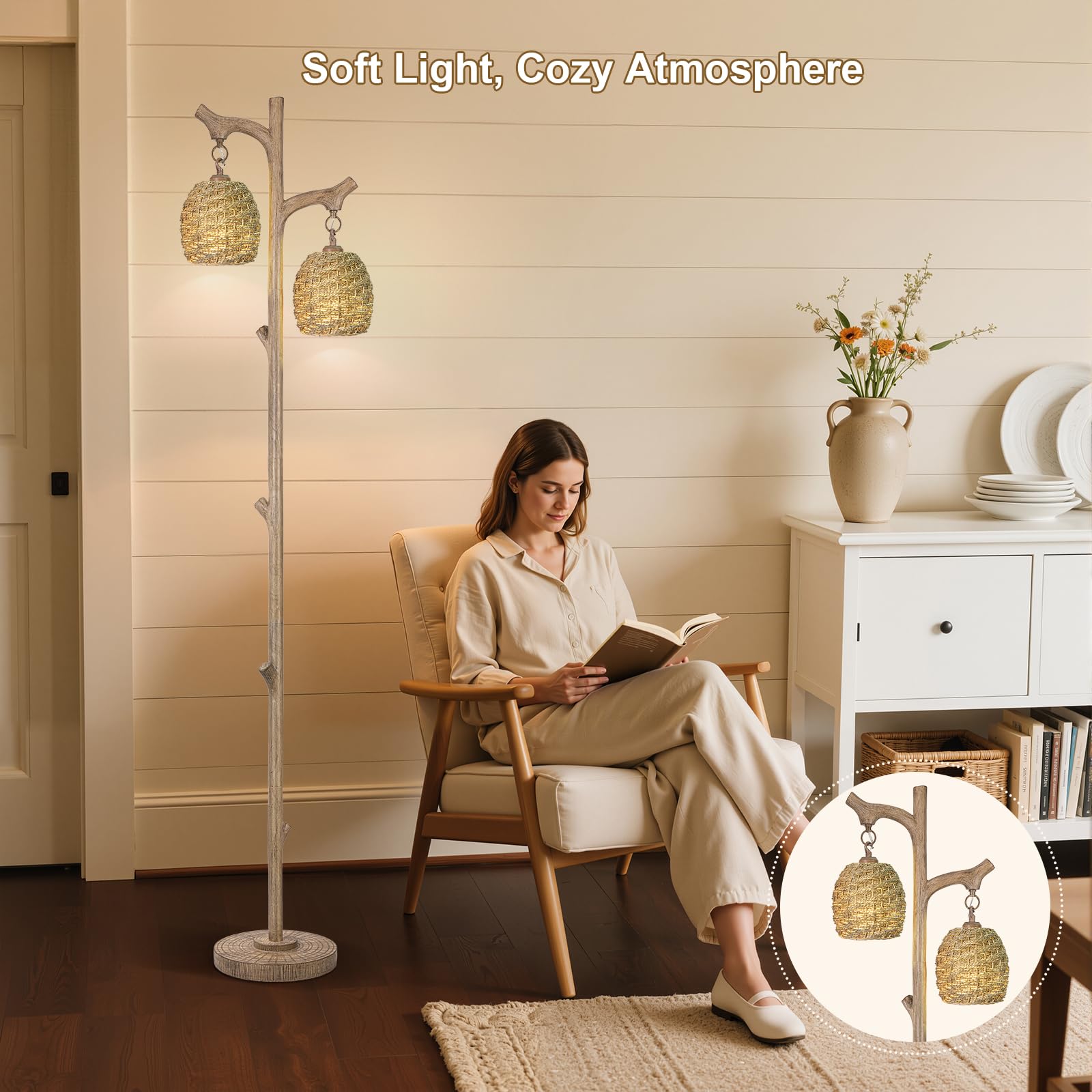 Scenekoy Vintage 68    Tall Floor Lamp With Straw Rope Woven Shade, Retro Resin Standing Lamp Tree Trunk Finish, Dimmable Corner