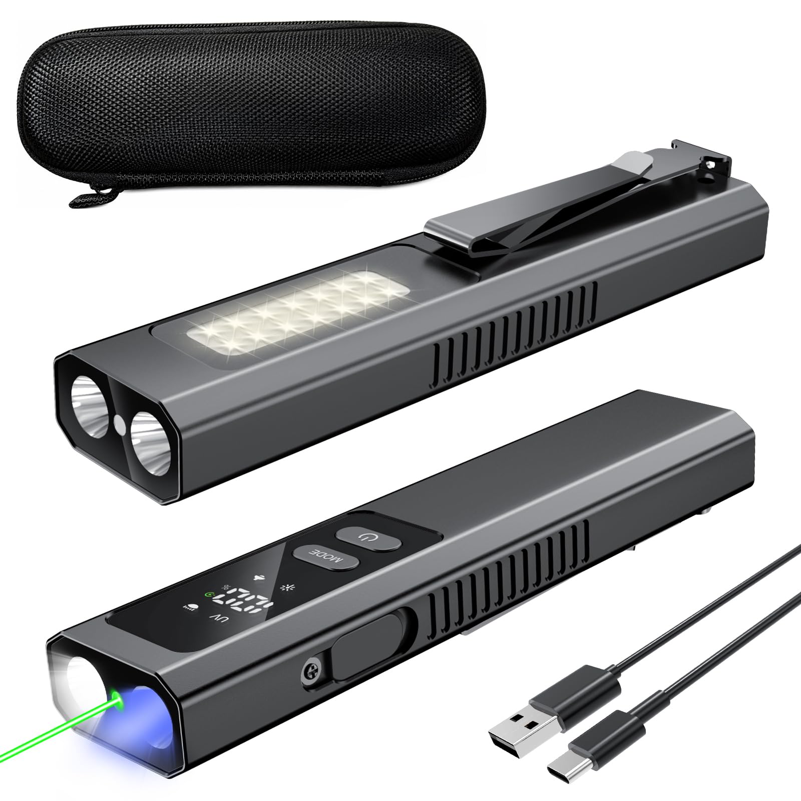 SSPONT EDC Flashlight 4 in1 Magnetic Flashlight High Lumens Work Light with Green Beam & UV & Warning Light Combo EDC Flashlight