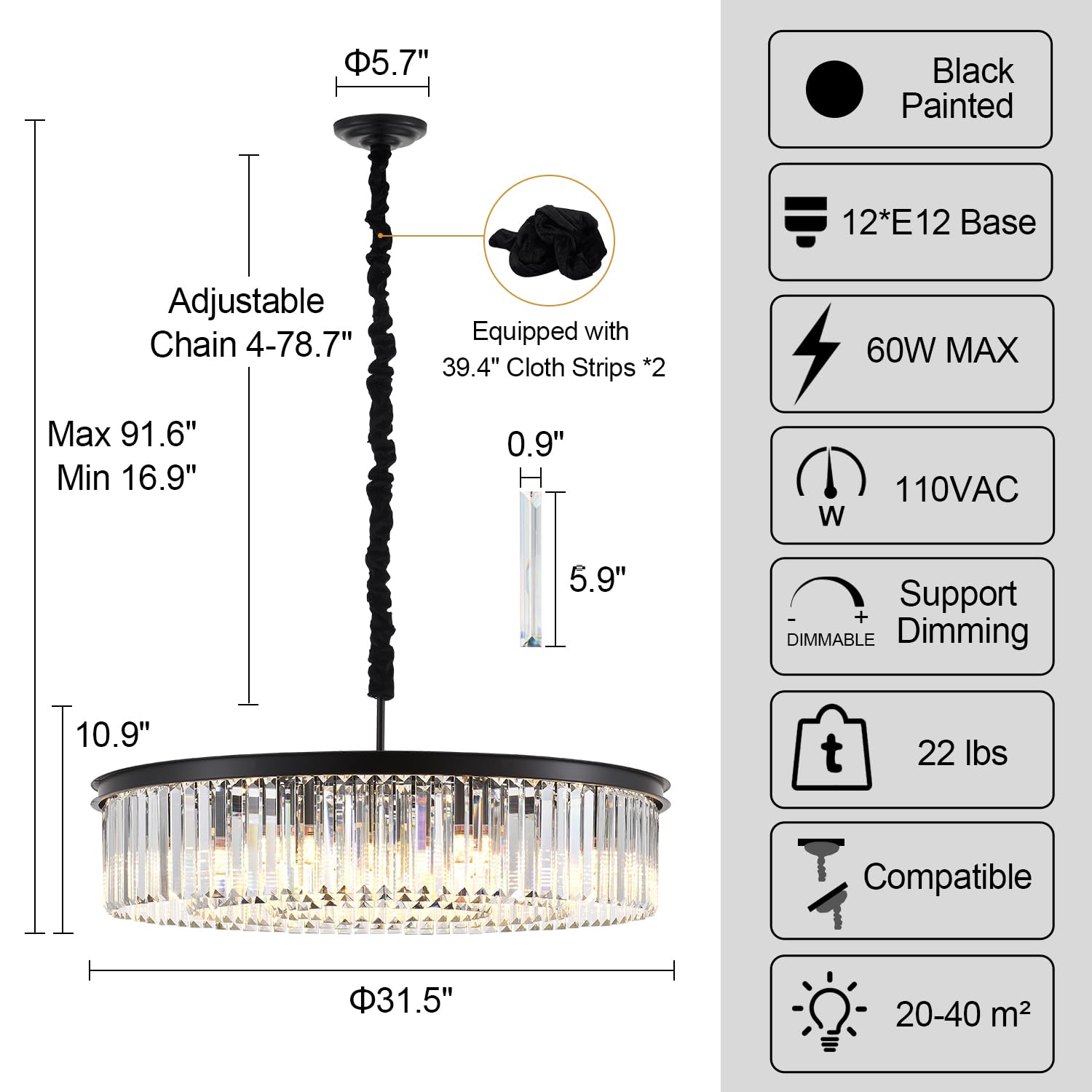 Lighceac 31.5" 12-Light Modern Crystal Chandelier Light Fixtures 3 Rings Black Luxury Chandeliers For Living Room Glam Round Hanging Ceiling Pendant Lighting For Entryway Kitchen Bedroom Dining Room