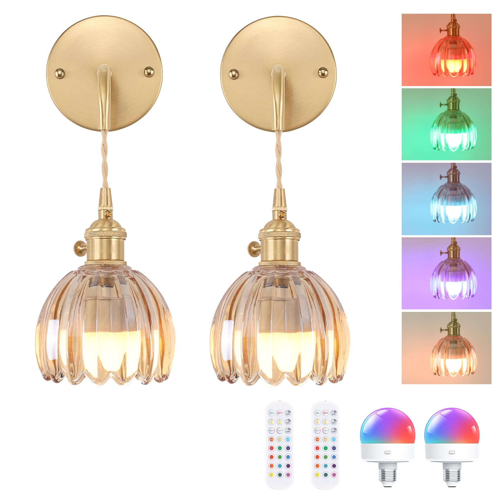 Shenmoyl Wall Sconce Set of 2, Battery Operated, Amber Tulip Glass, Brass, Adjustable Chain, Model 1-9381
