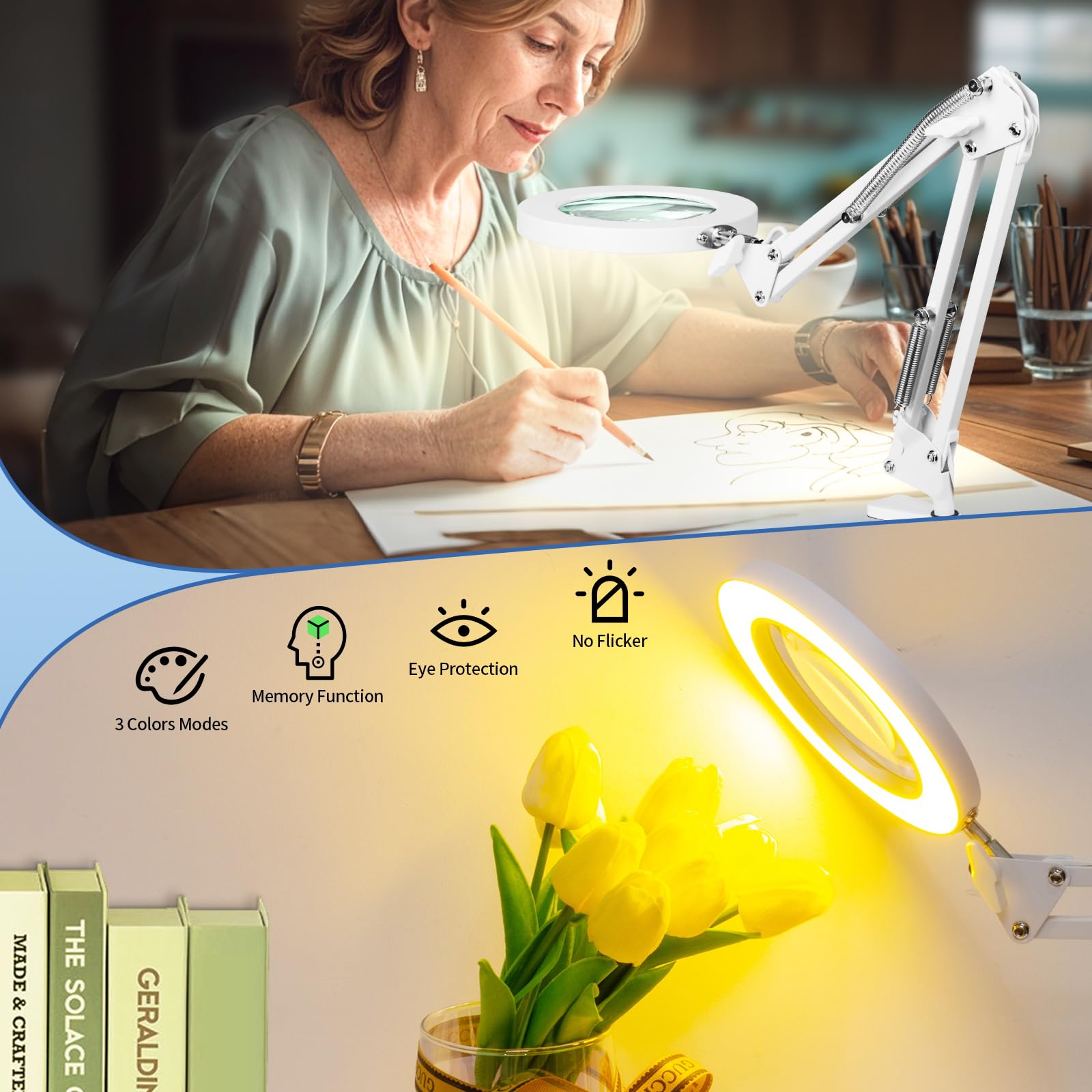 Hitti 10X Magnifying Glass With Light, 1800 Lumens Stepless Dimmable, 3 Color Modes, 4.2 Real Glass Lens Led Magnifying Lamp Wit