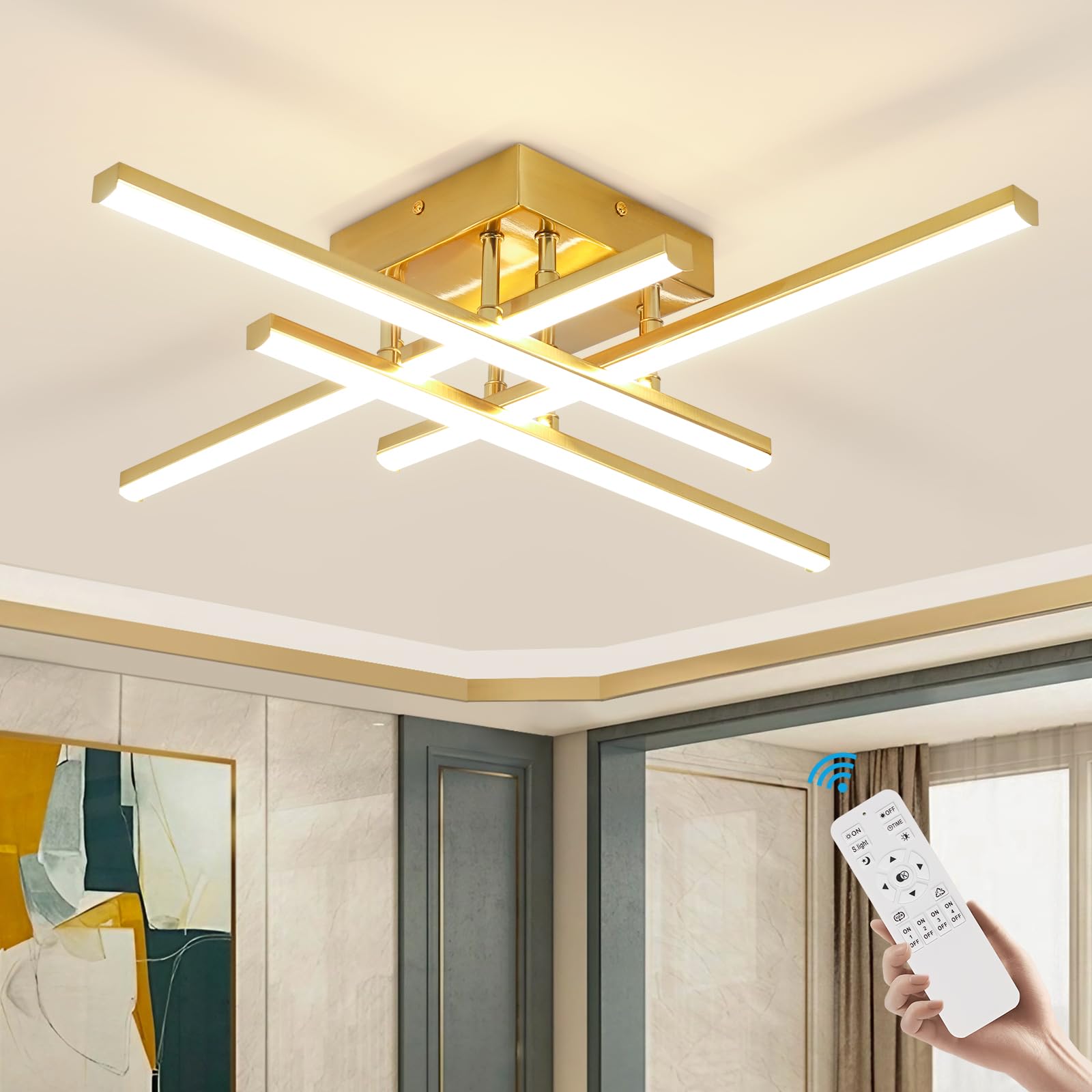 CANEOE Modern Ceiling Light Fixture, Gold Dimmable Close to Ceiling Light with Remote Control,Sputnik Flush Mount Ceiling Lamp f