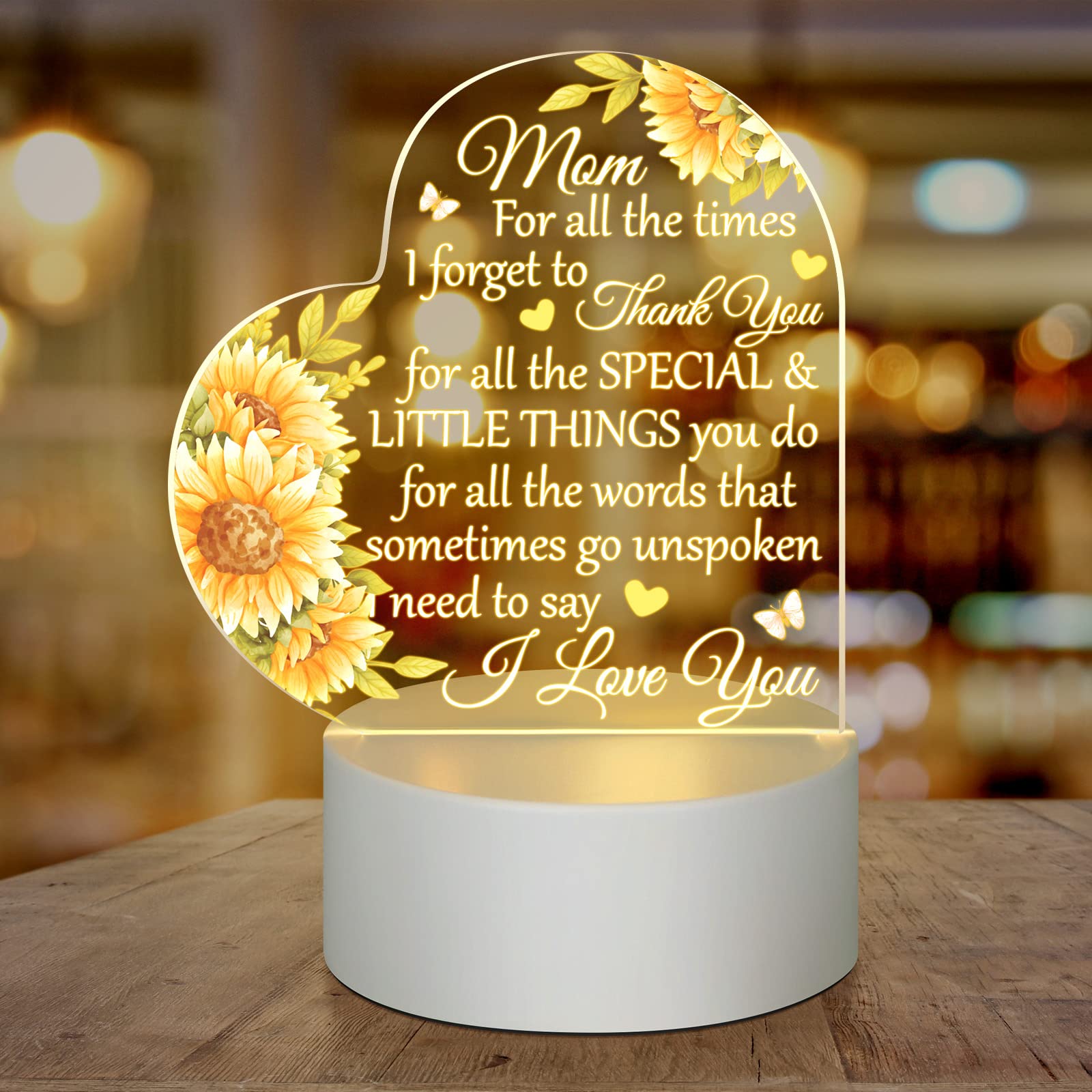 Jetec Mothers Day Birthday Gifts from Daughter Son Christmas Thank You Gift for Mom Sunflower Engraved Acrylic Heart Lamps USB L