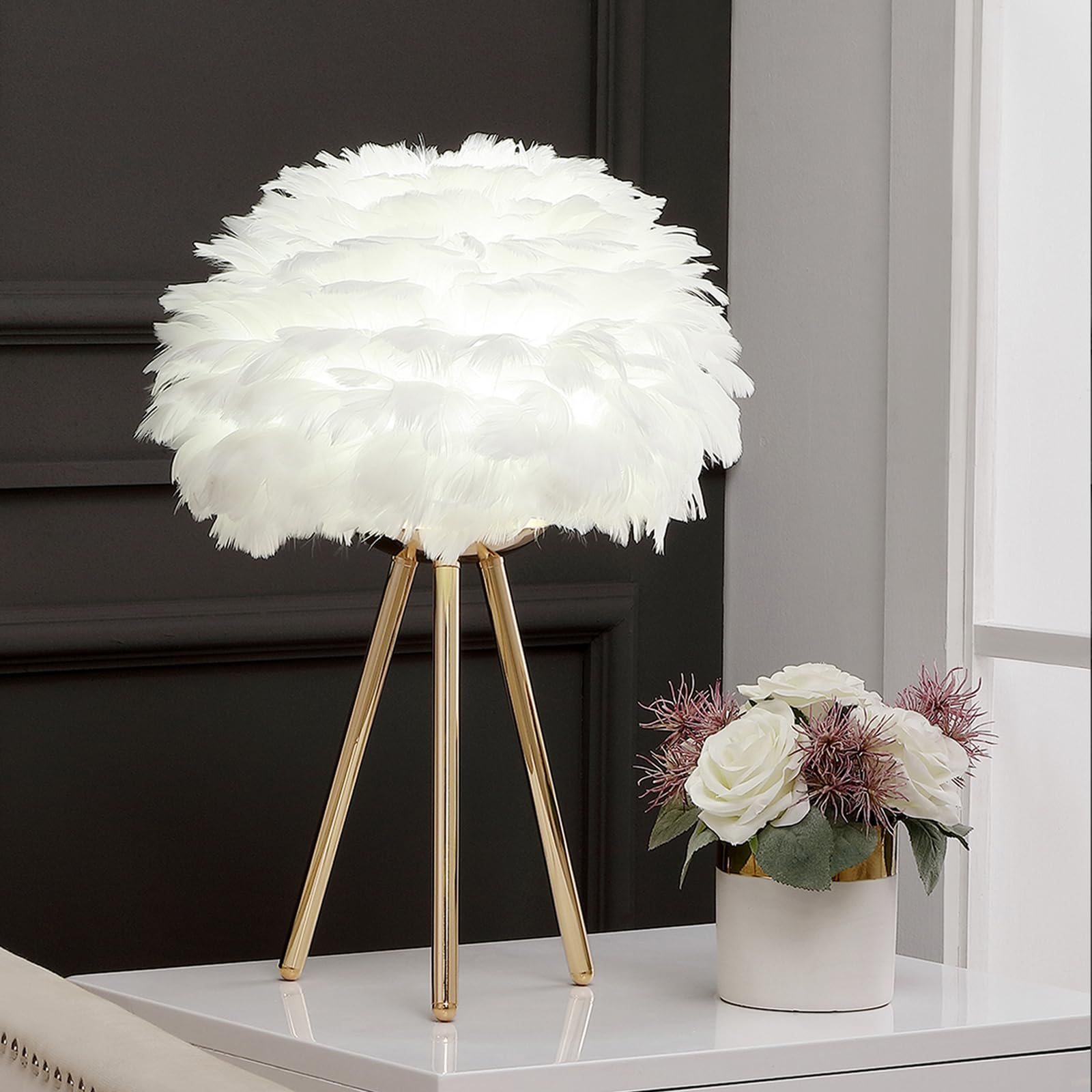 LINCWONZ White Feather Lamp Tripod Lamp for for Girls Bedrooms Living Room Aesthetic Decor Desk Lamp Unique Bedside Lamps Gold L