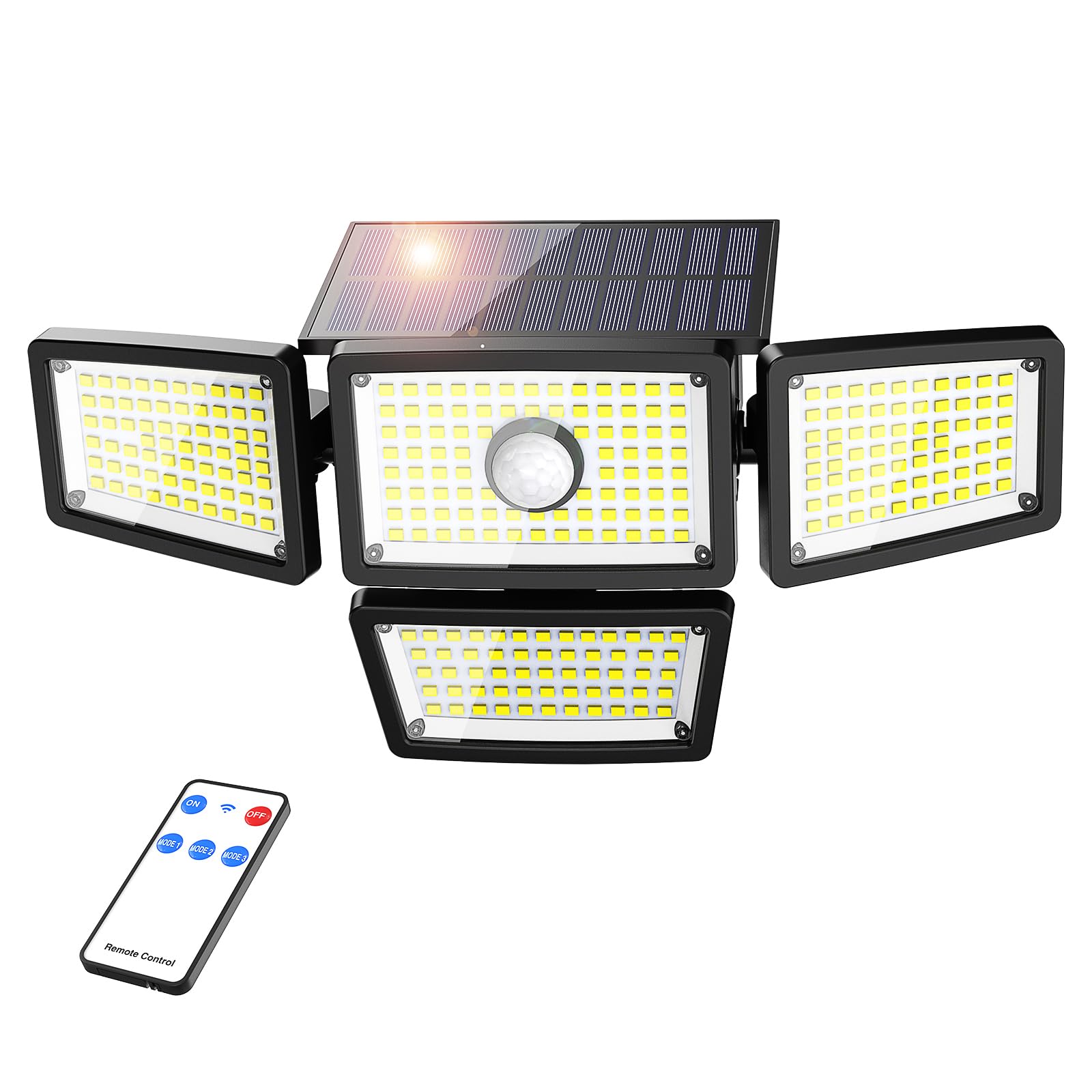 omibee Solar Motion Sensor Lights, 3000LM, 4 Adjustable Heads, IP65 Waterproof, Remote Control, Black, Model OEE214A05
