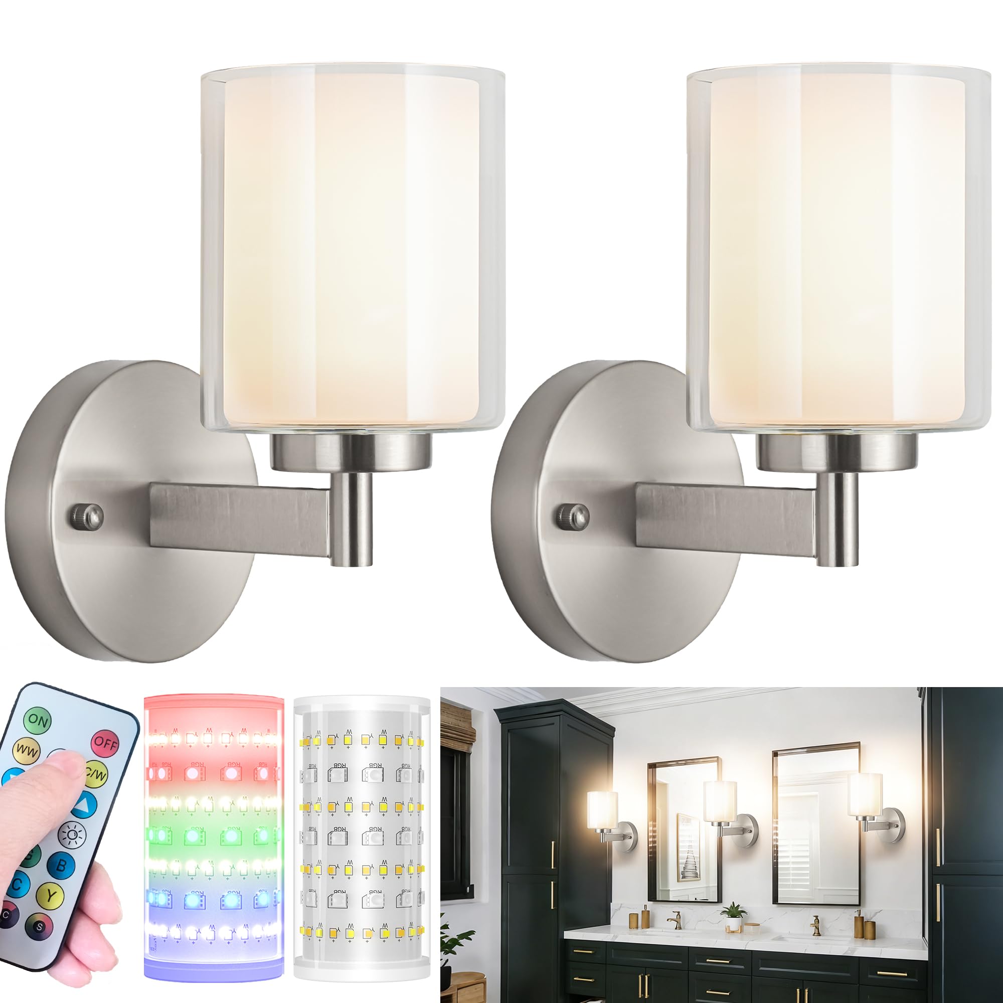 Nekhung Battery Operated Wall Sconce Set of 2, Wireless Wall Sconce with Remote,10000mAh Rechargeable RGB Dimmable Bathroom Ligh