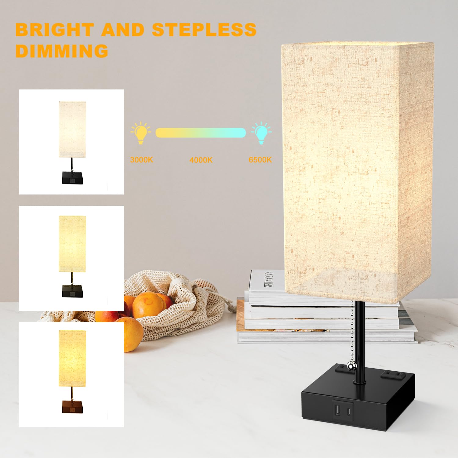 YIDPU Table Lamp - USB Charging Ports, Adjustable 3-Color LED Light, Linen White, 2PCS, Included Bulb, Perfect for Bedroom and Office Decor