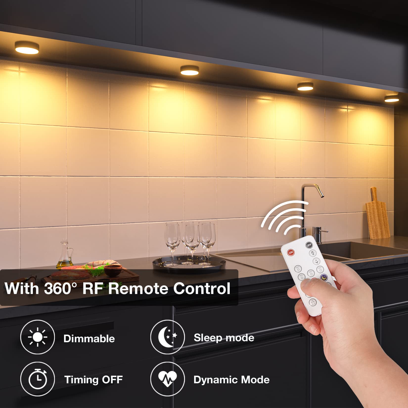 WOBANE LED Under Cabinet Lights, 9W Dimmable Puck Lights, 700 Lumens, Warm White, Set of 4, Black Housing, Model CS211