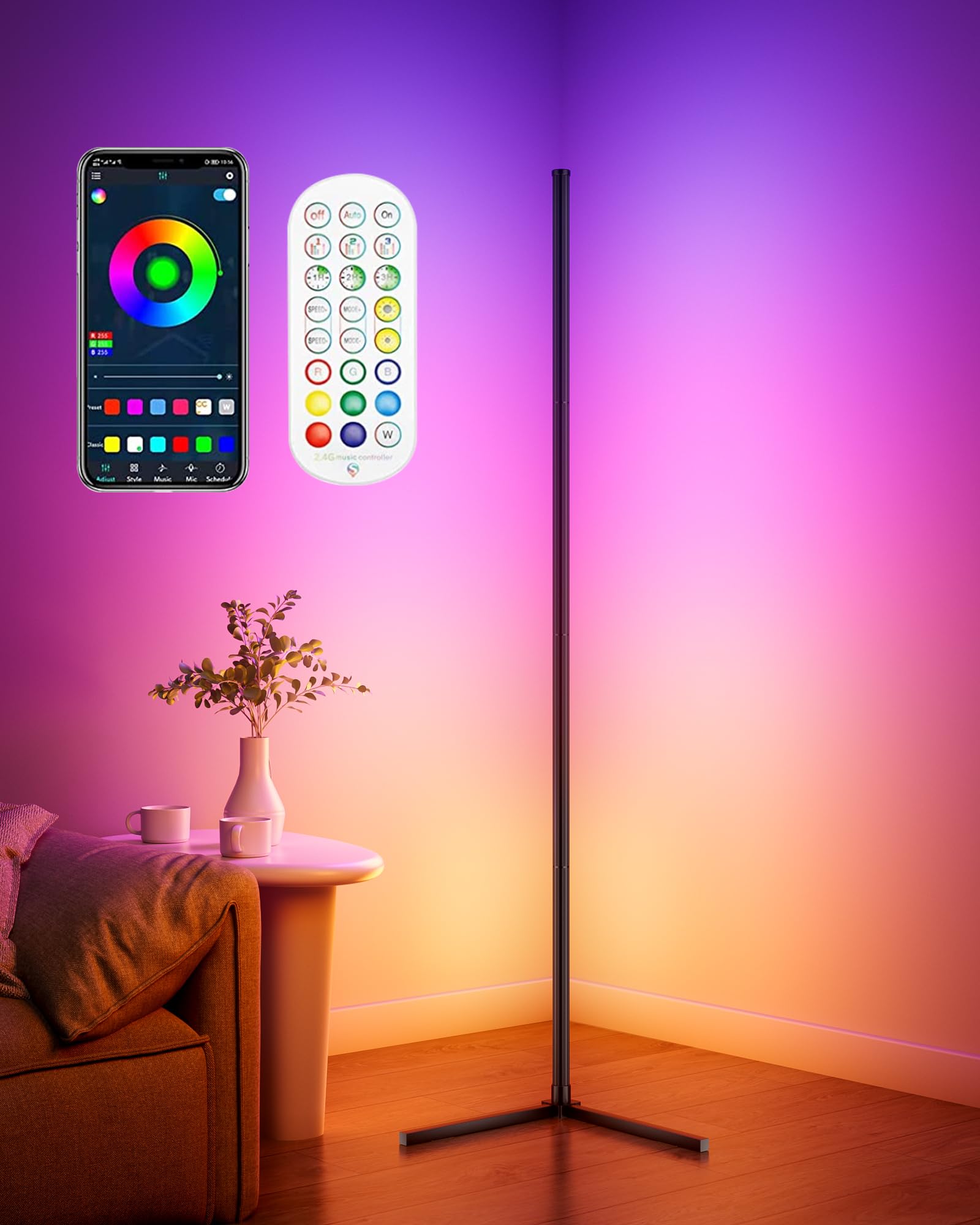 Ccacc Corner Floor Lamp, 65&quot; Smart Rgb Color Changing Led Floor Lamp With App And Remote Control, Modern Mood Lighting Corner Lamp With Music Sync, Diy Mode & Timing For Living Room Gaming Room