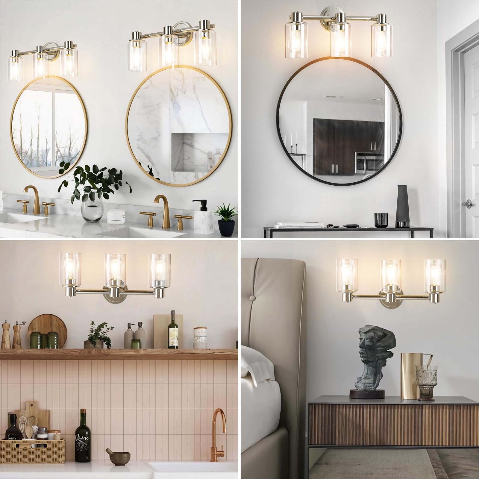 ALAISLYC Chrome 3 Light Bathroom Wall Sconce with Clear Glass Shades for Vanity E26 Base