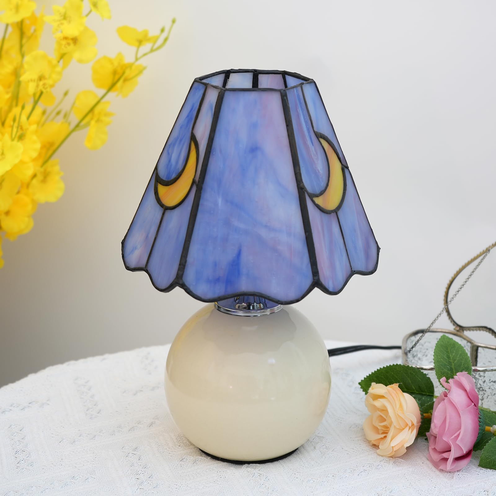 KIPHEPI Mushroom Lamp - Stained Glass Moon Lamp, Small Nightstand Desk Lamp, Purple, Model W-1062, Includes E26 Bulb, Home Decor