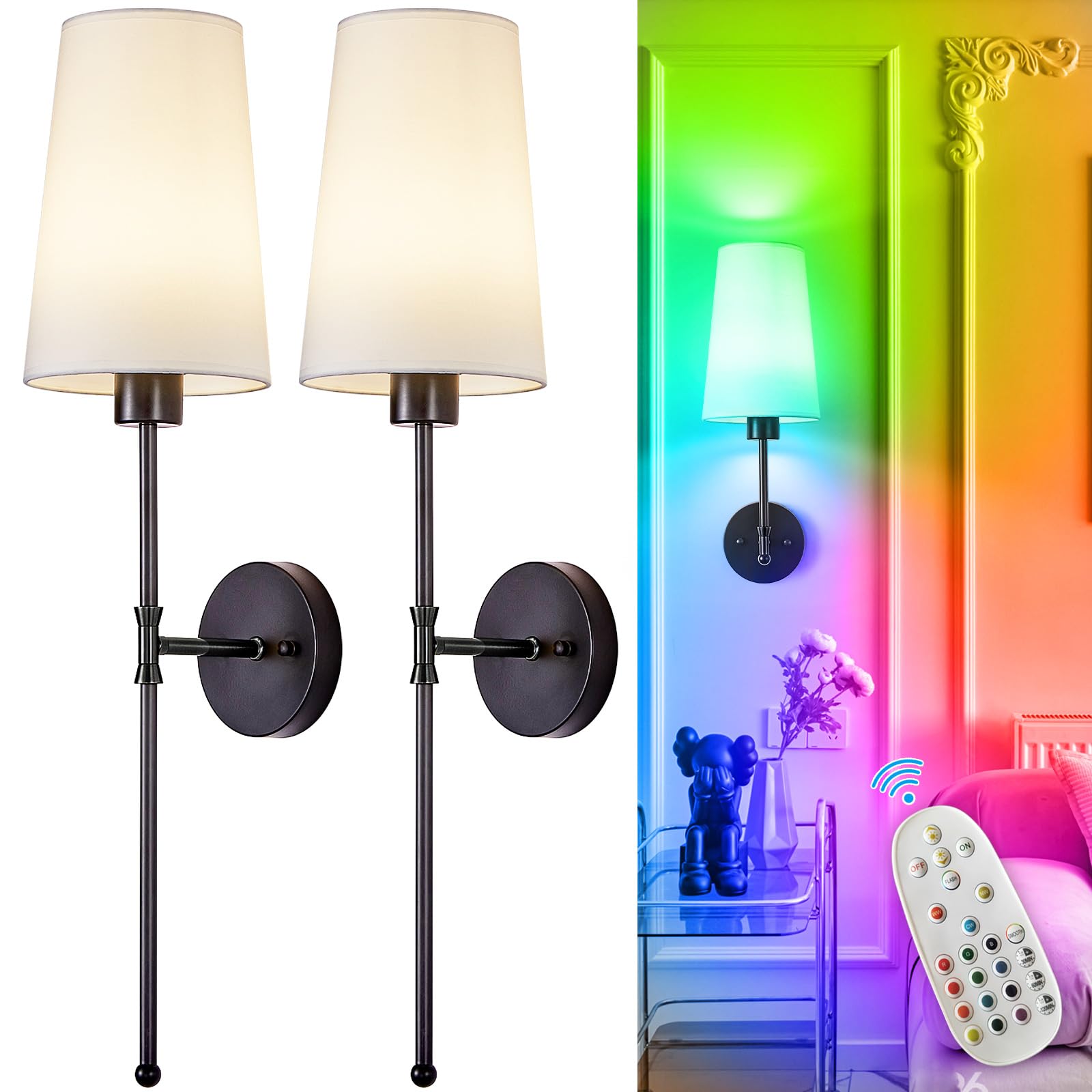 Depuley Battery Operated Wall Sconce Set of 2, 27in Wireless Lights with Remote, Black Metal, Rechargeable, 15 Colors for Bedroom and Hallway Decor