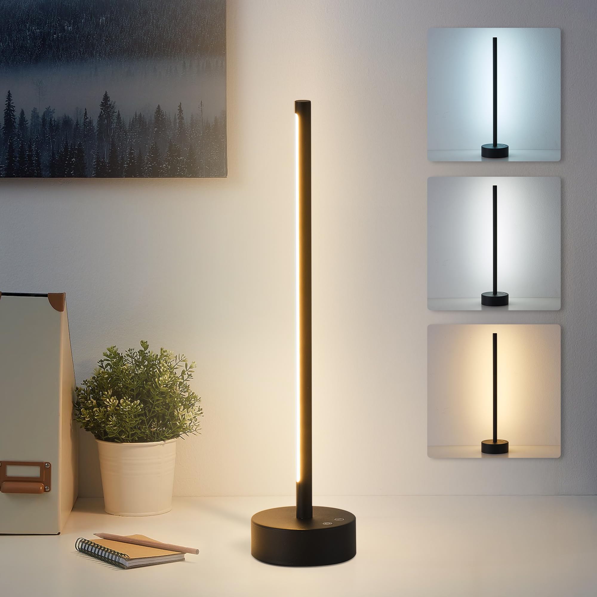 KARTOOSH Cordless LED Table Lamp  Battery Operated Portable Desk Lamp Dimmable/3 Color/Memory Function Modern Rechargeable Table Light for Living Room Bedroom Bedside Black