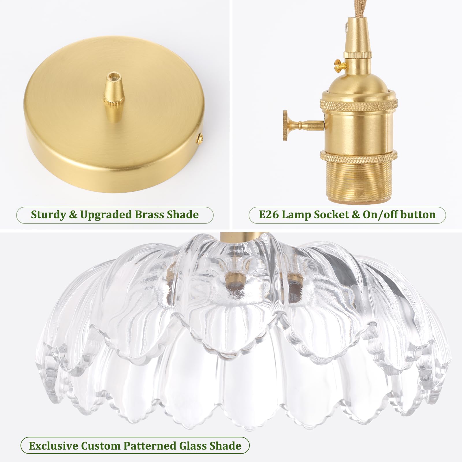 Shenmoyl Pendant Light With Clear Scindapsus Glass Lmapshade, Brass Vintage Pendant Light Adjustable Hanging Light For Kitchen I