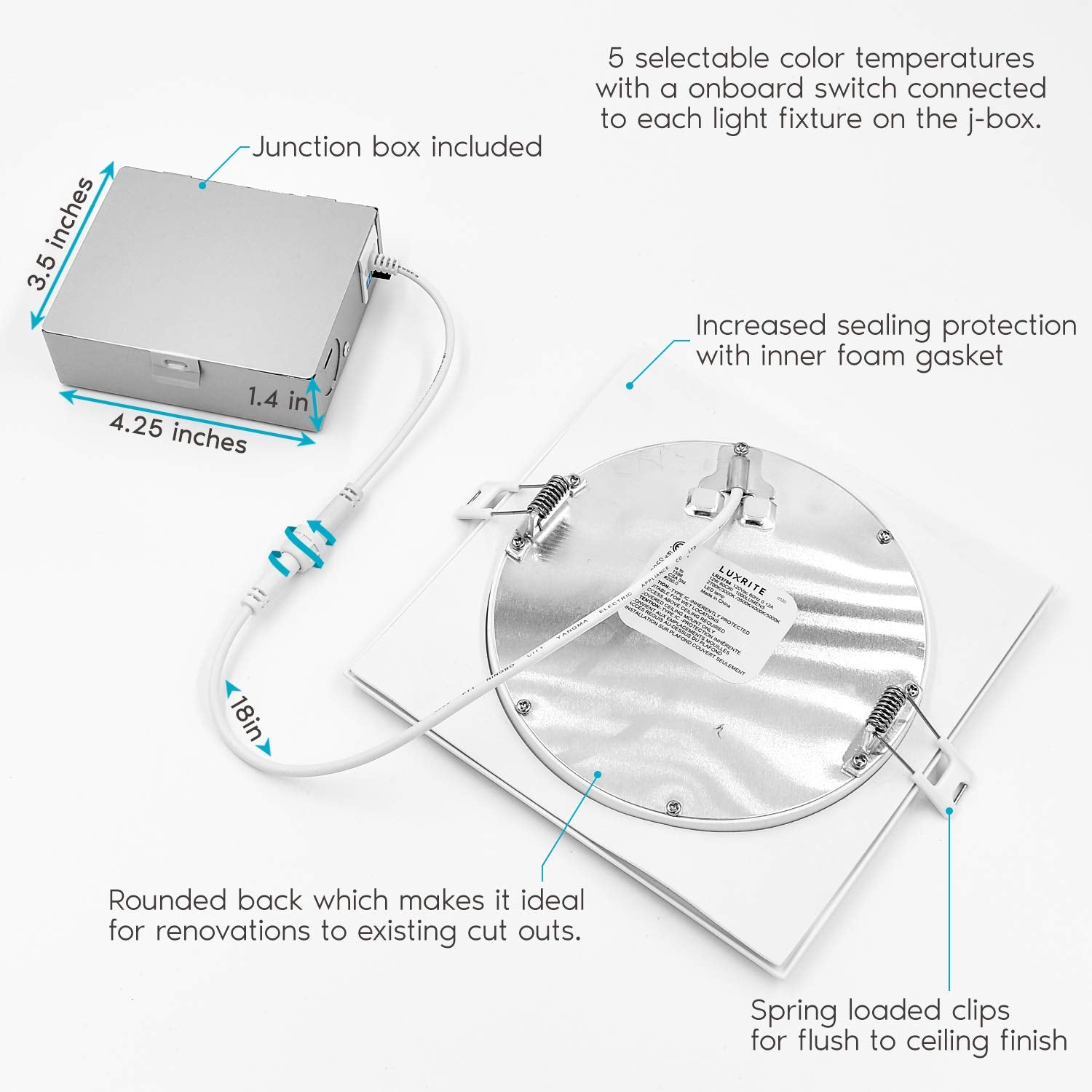 Luxrite 6 Inch Ultra Thin Square Led Recessed Lighting, 5 Color Temperature Options 2700K - 5000K, Dimmable Downlight, 12W, Ic &
