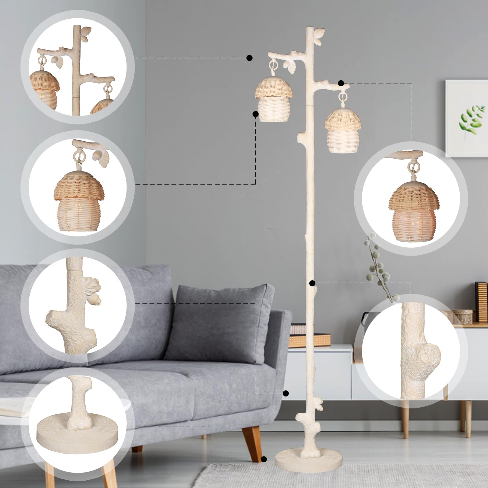 Rattan Floor Lamp With Faux Wood Finish, Boho Floor Lamps With Faux Pinecone And Leaves Decor, Beige