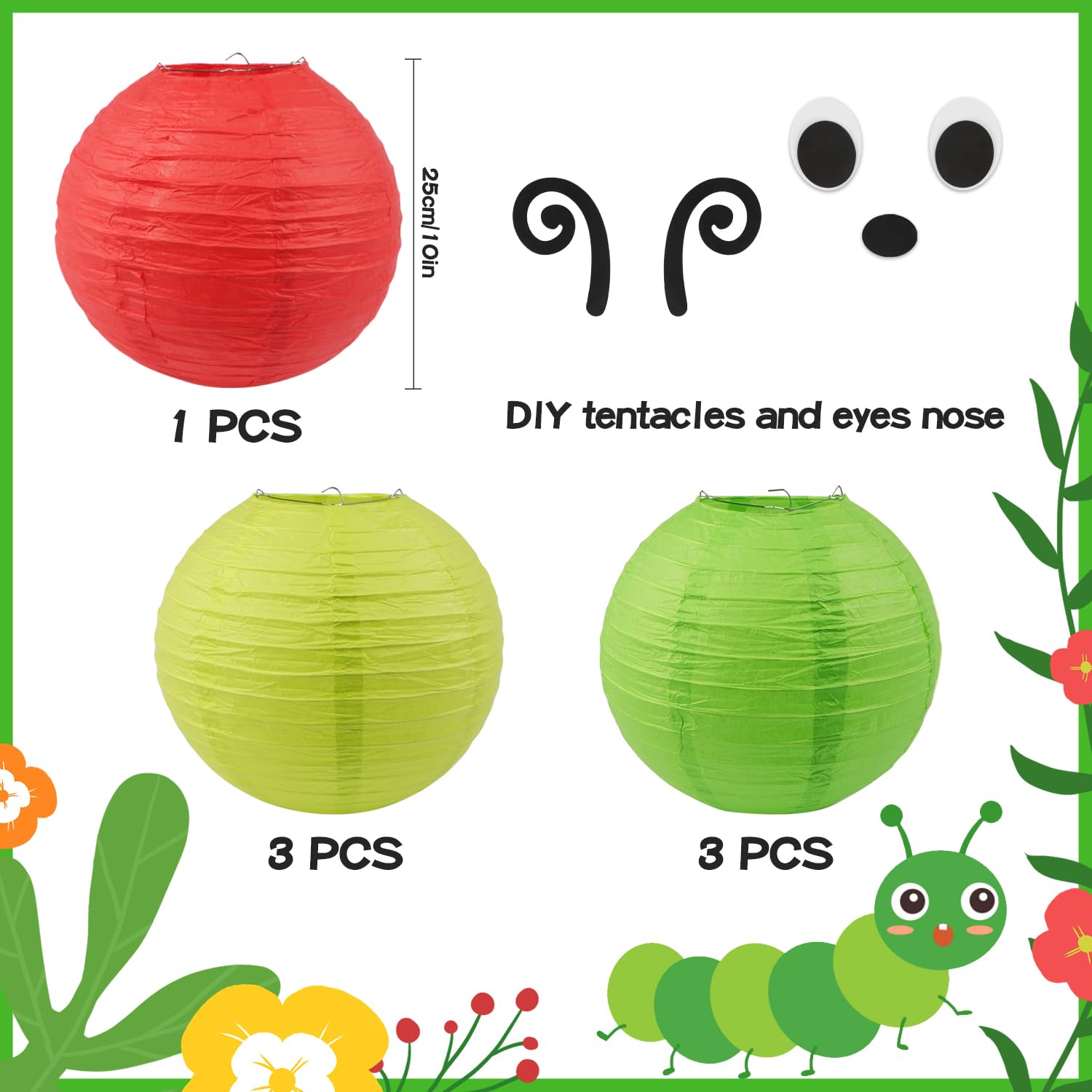 7Pcs Caterpillar Paper Lanterns Red Green Paper Lanterns With Eyes Mouth For School Classroom Decoration Birthday Party Decorati