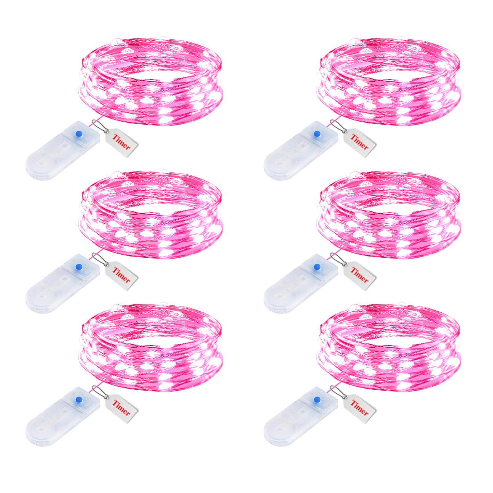 Minetom 6 Pack Fairy Lights Battery Operated String Lights with Timer - 7ft 20 LED Waterproof Silver Wire Firefly Lights for Valentine’s Day Decor DIY Crafts Wedding Table Centerpieces, Pink