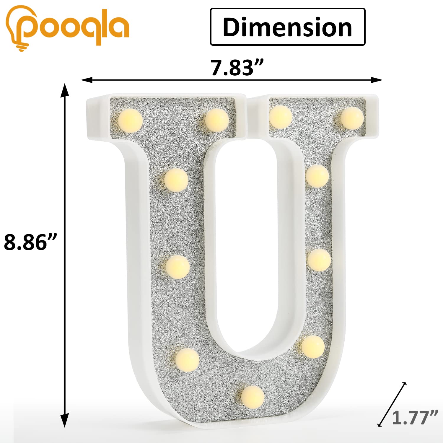 Pooqla LED Letter Lights - Colorful Marquee Signs with Remote, Battery Powered, 18 Colors, Glitter Silver U for Party & Home Decor