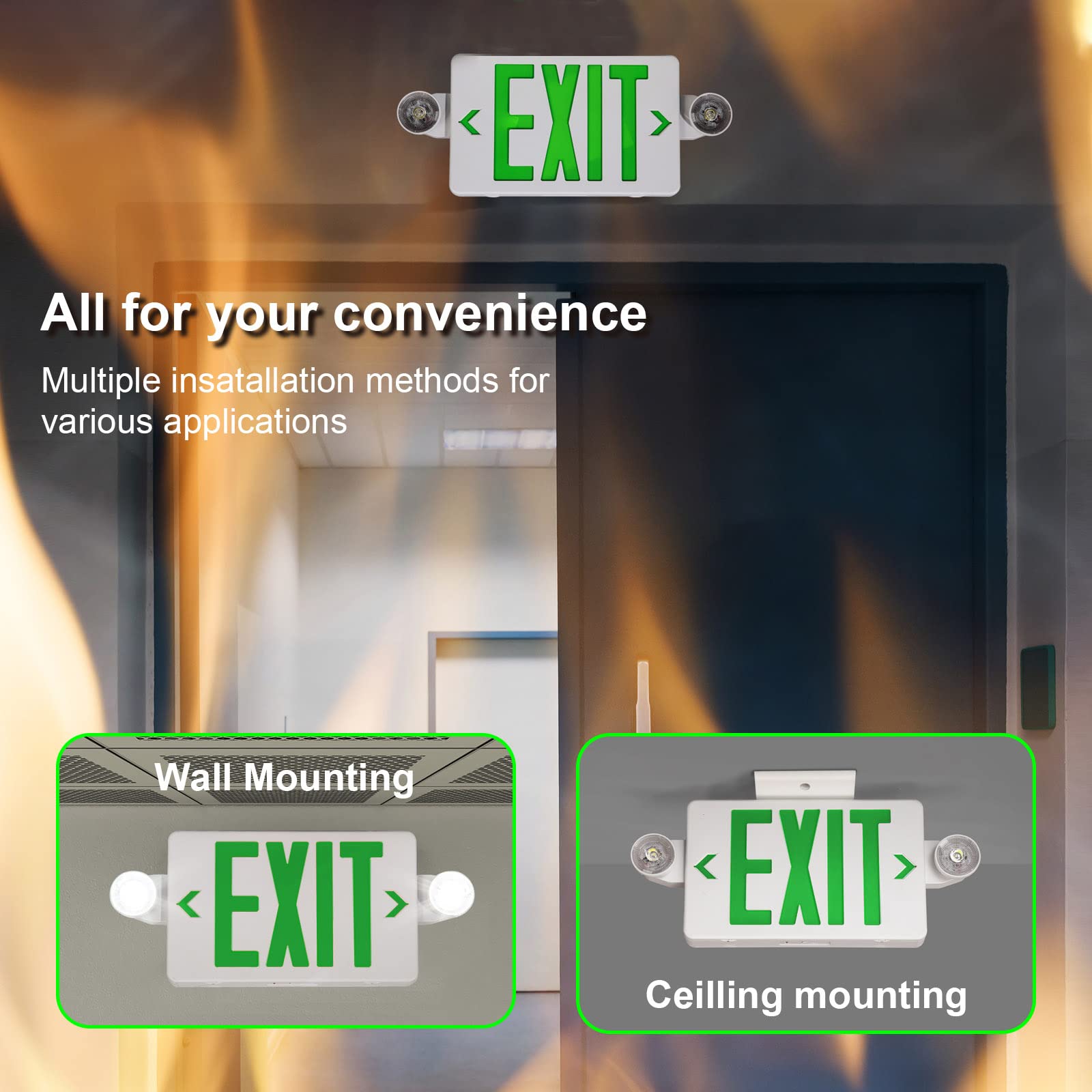 TANLUX Green Exit Sign with Emergency Lights, LED, Battery Backup, UL Listed, 1 Pack, White Housing, Model TL-EX01GE-1