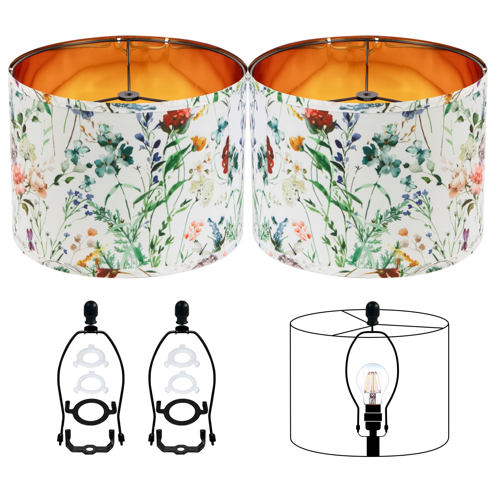 JNIBOAO Replacement Lamp Shades Set of 2-12 Inch Drum Floral Pattern Lamp Shades for Table/Floor/Wall Lights  Medium Gold Frame with Harp Holder  Easy Assembly