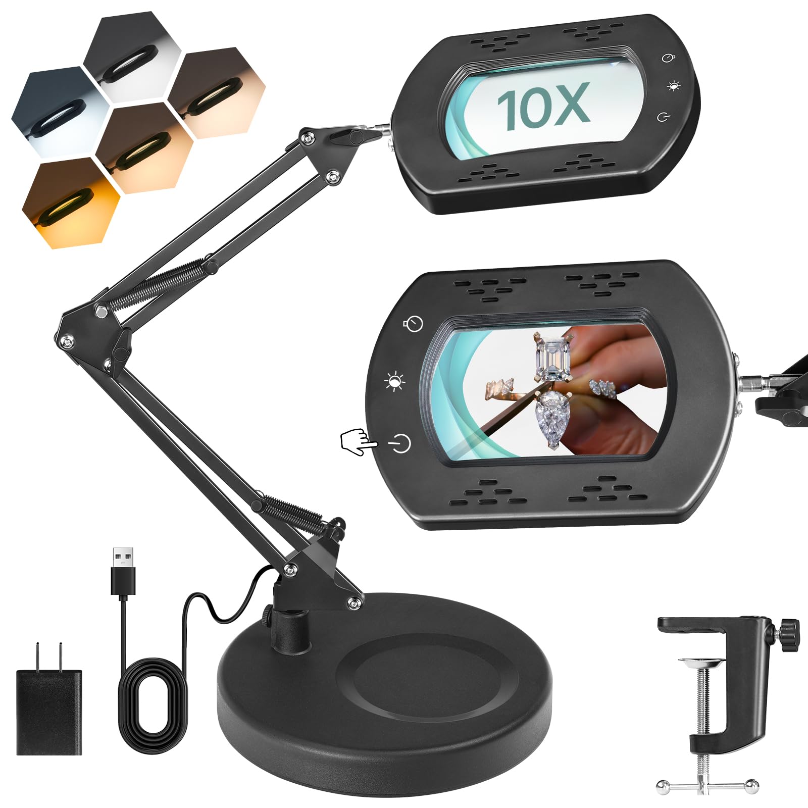 GOEBLESON 10X Round Magnifying Glass with Light and Stand, 2-in-1 LED Lighted Desk Lamp & Clamp, 5 Color Modes Stepless Dimmable