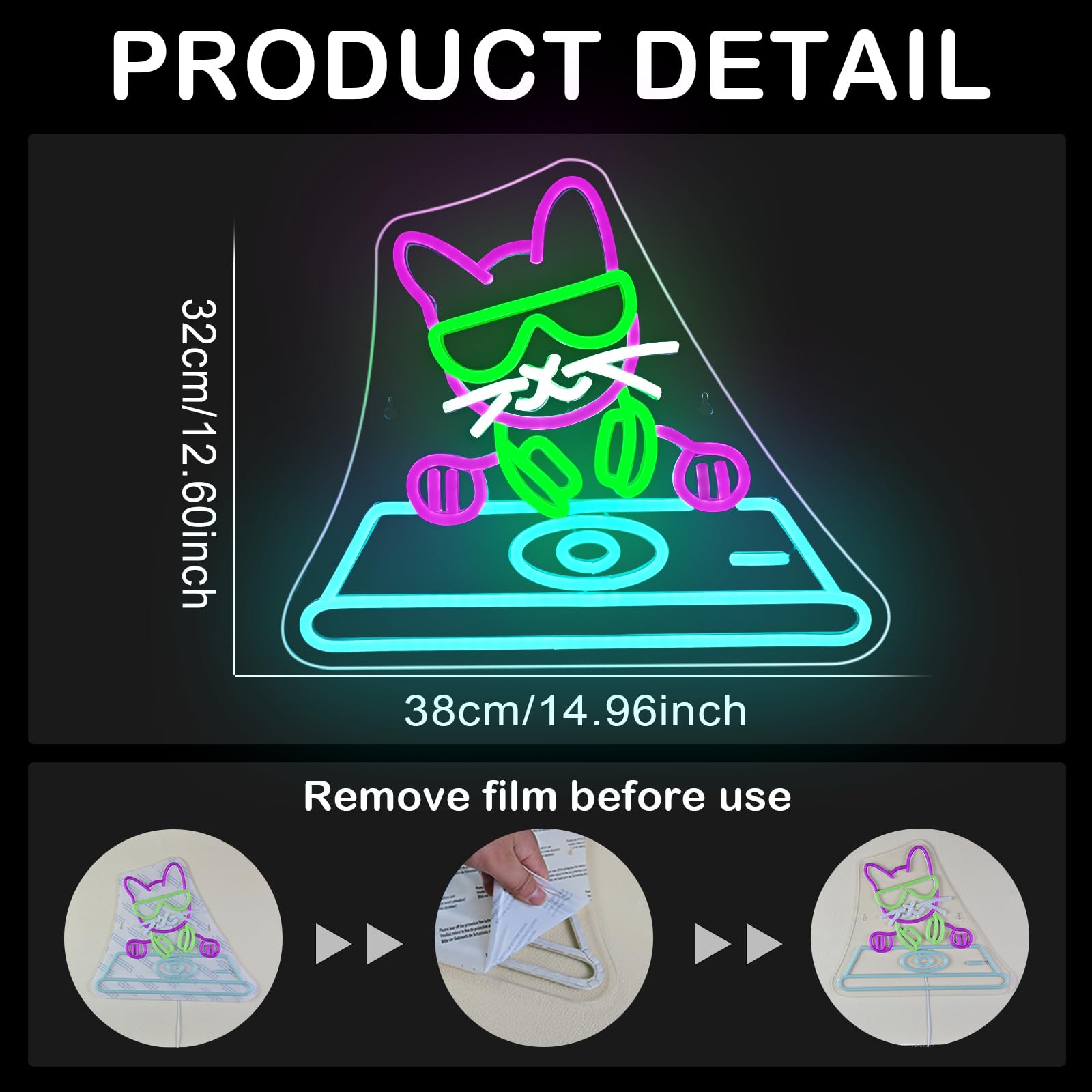Wanxing DJ Cat Neon Sign, USB Powered, Dimmable, 14.9inx12.6in, Colorful for Home, Party, Office, Bedroom, Bar, Music Studio