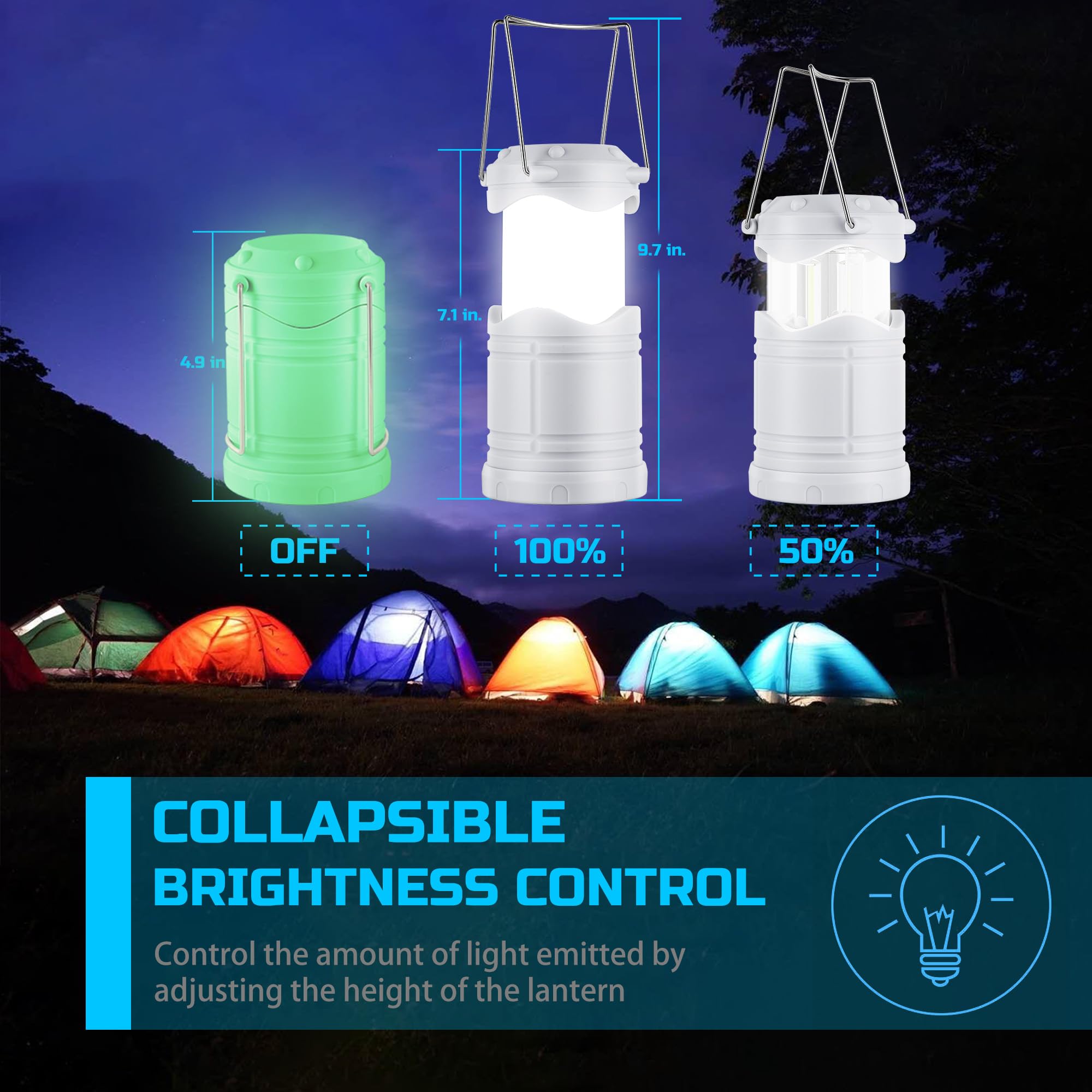 Lichamp LED Camping Lantern, 4 Pack, Battery Powered, Portable, Collapsible, Model B4C4, Colors: White, Silver, Rose Gold, Gray