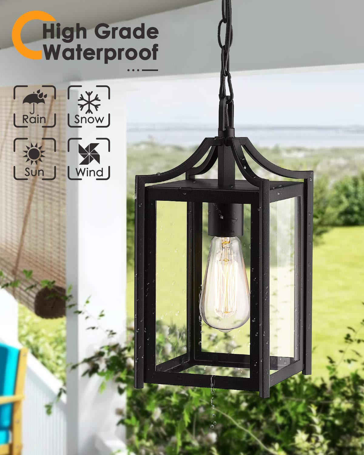Osimir 14&quot; Black Outdoor Pendant Light With Adjustable Chain & Clear Glass Shade