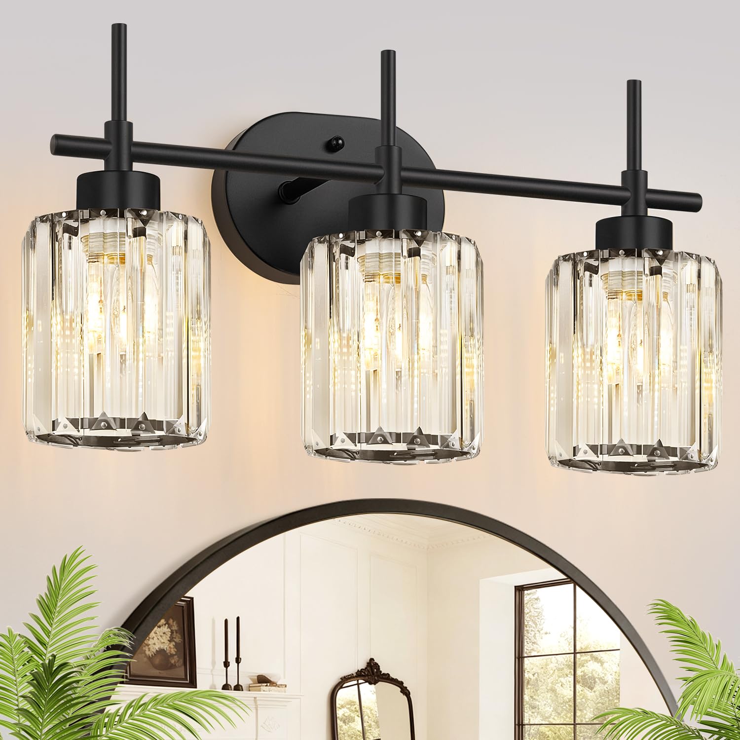 Meybiok Matte Black Vanity Light  3-Light Crystal Modern Bathroom Lighting Fixtures Over Mirror  Black Bathroom Vanity Light (Bulbs Not Included)