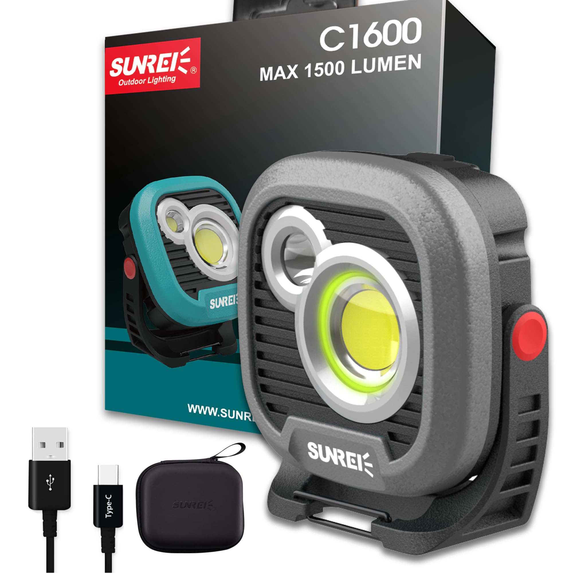 Sunrei Led Rechargeable Magnetic Work Light Mechanic Light Power Bank 180° Rotating,1500Lm, 6 Modes,Magnetic&Hook, Ipx5 Waterproof, Magnetic Flashlight For Camping, Car Repairing(Gary)