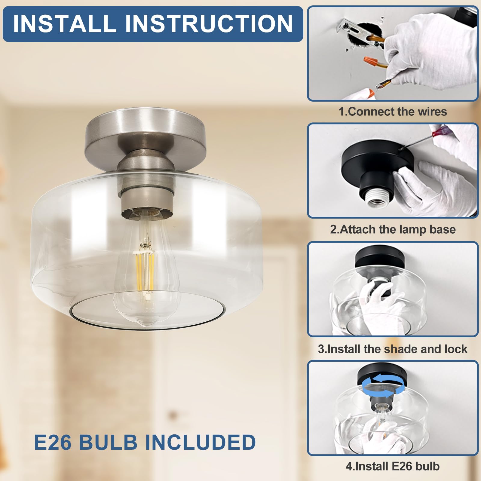 Industrial Semi Flush Mount Ceiling Light: Brush Nickel Kitchen Lighting Fixtures Ceiling With Clear Glass - Vintage Hallway Lig