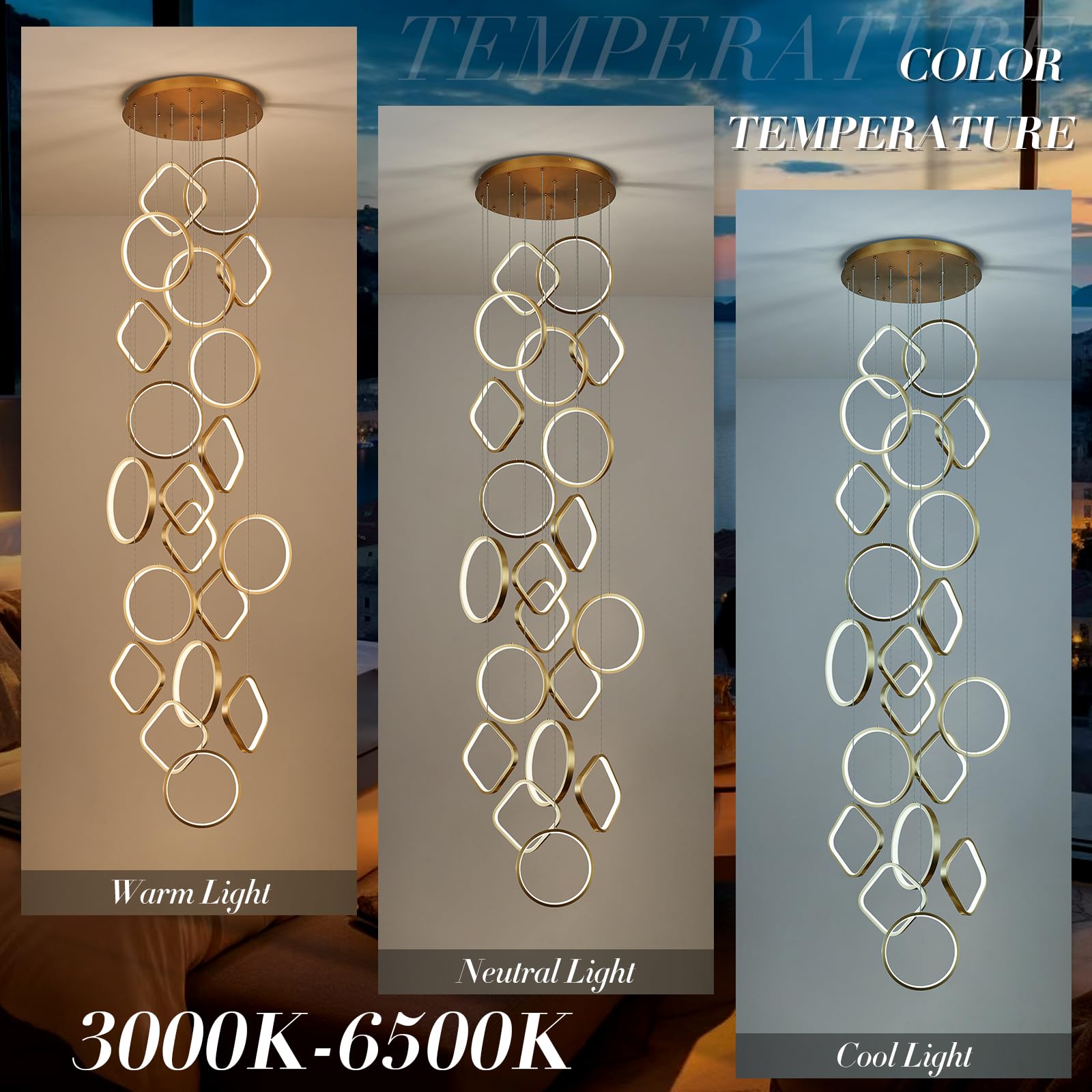 AIRYPHANT Modern LED Chandelier 20-Light Dimmable Gold 3000-6500K Remote Control P2001-20GDC1 for High Ceiling Living Room Entryway